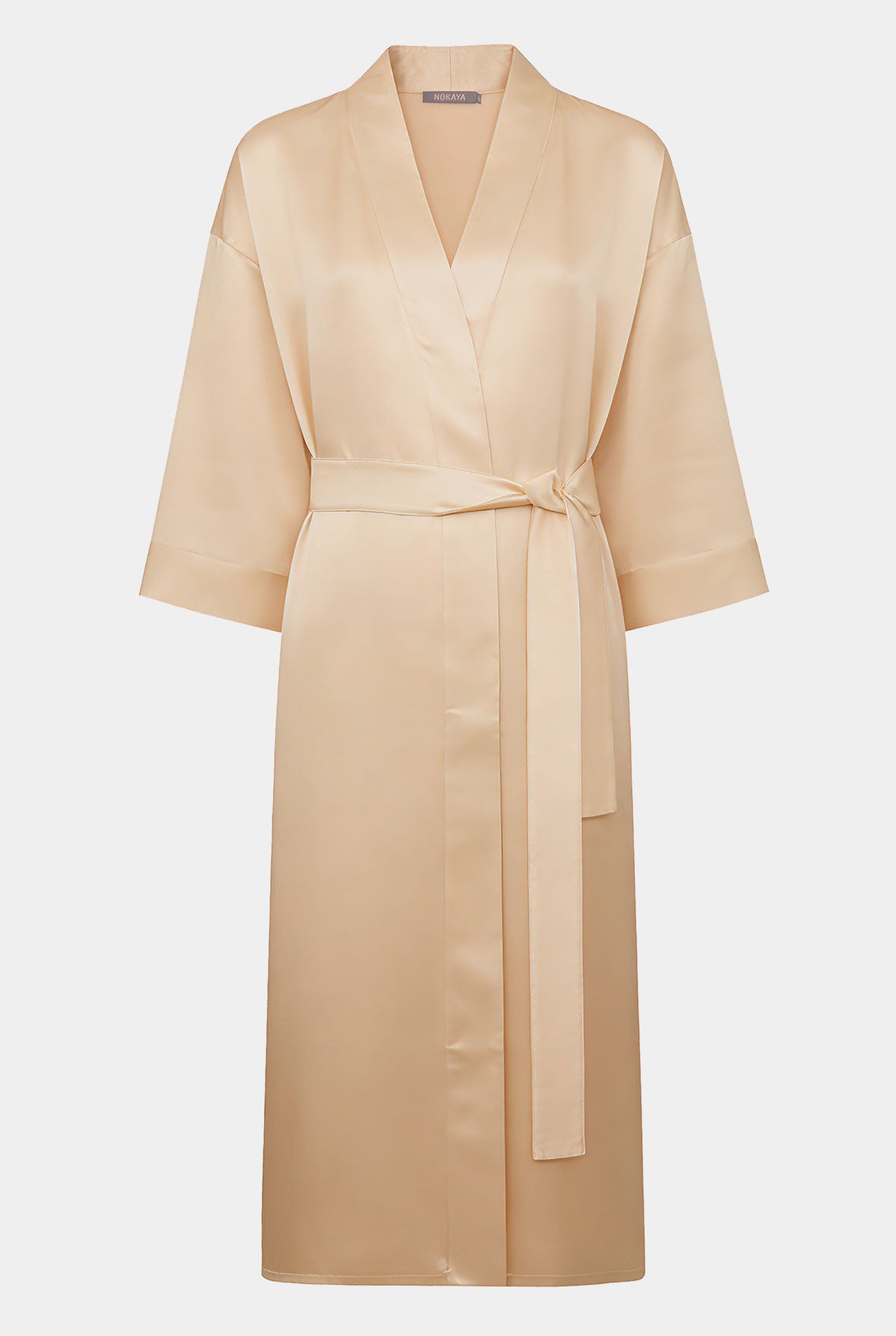 Silk beige robe with a belt on a white background. Nokaya
