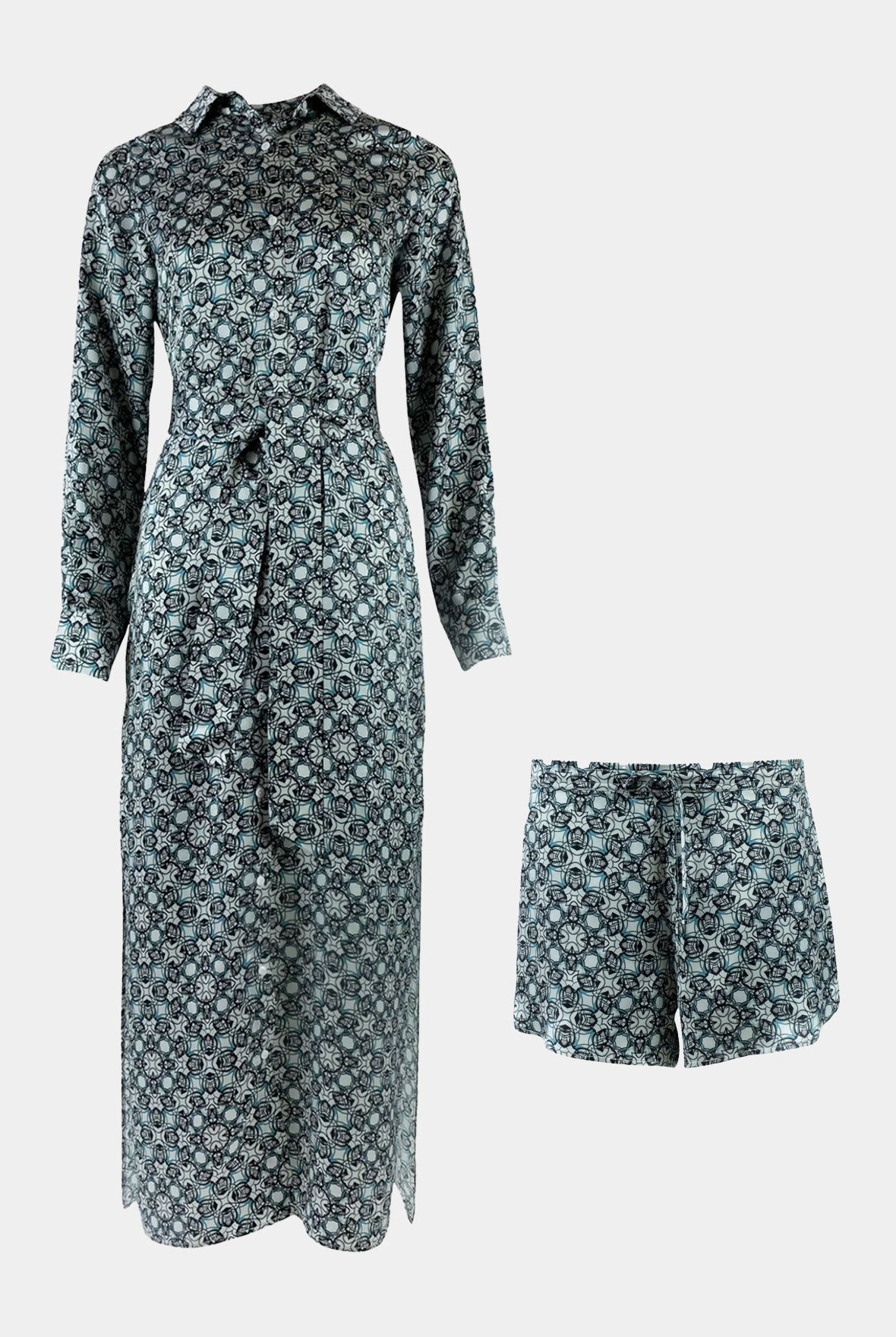 Silk Shirt Dress and shorts set with gep print in black and white colours by Nokaya. Bundle offer.