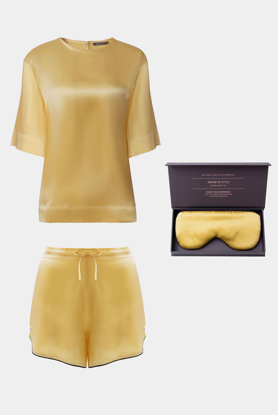 Silk t-shirt and shorts bundle in yellow colour. Plus, silk sleep mask. Nokaya