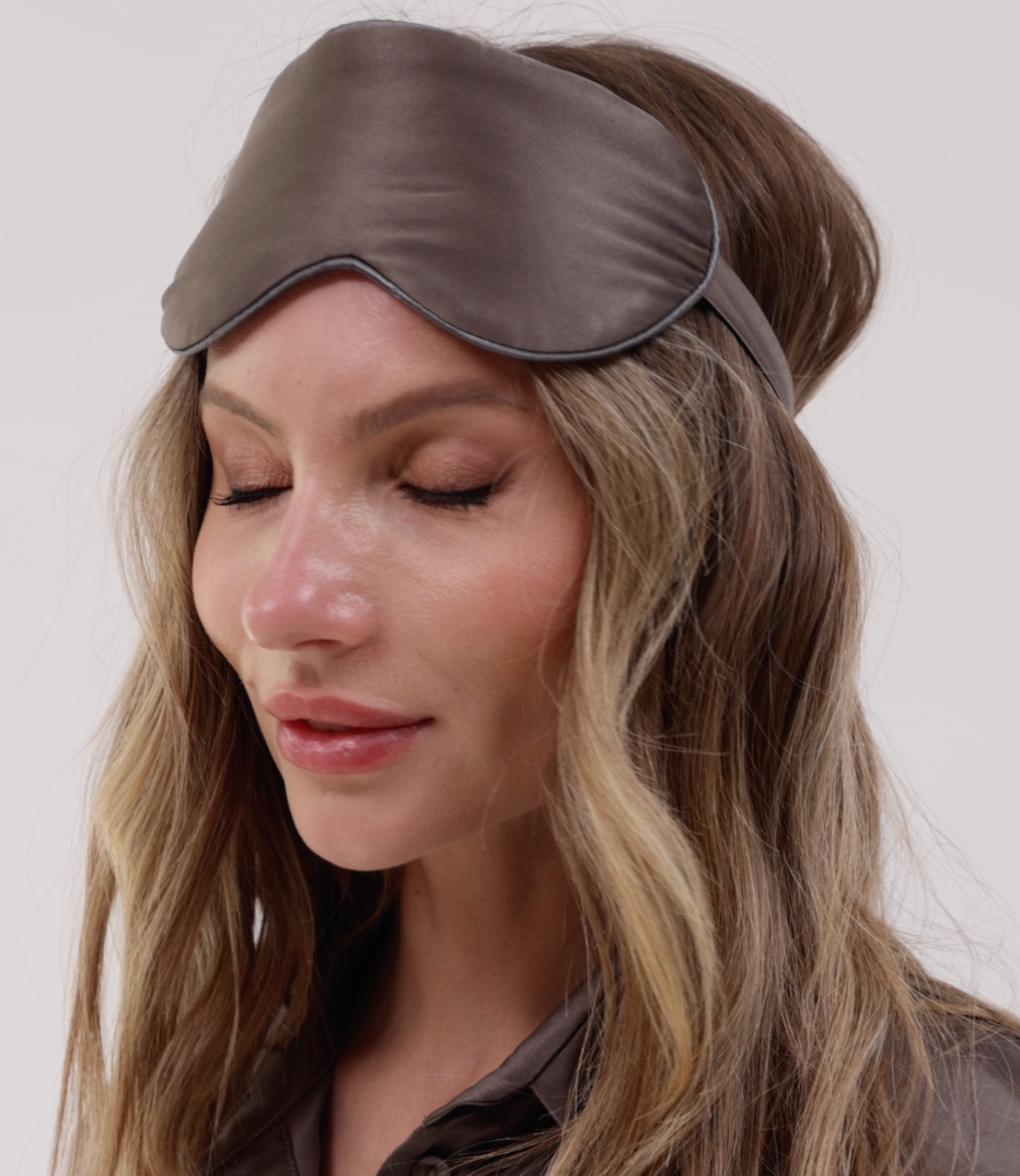 Silk Sleep Mask Brown on women. Nokaya
