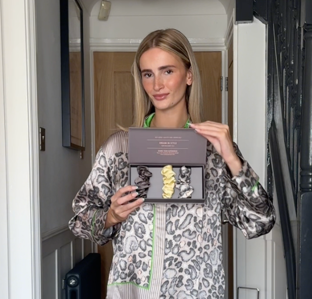 Silk Scrunchie Set Brown/PannaCotta/Animal shown by women in the gift box