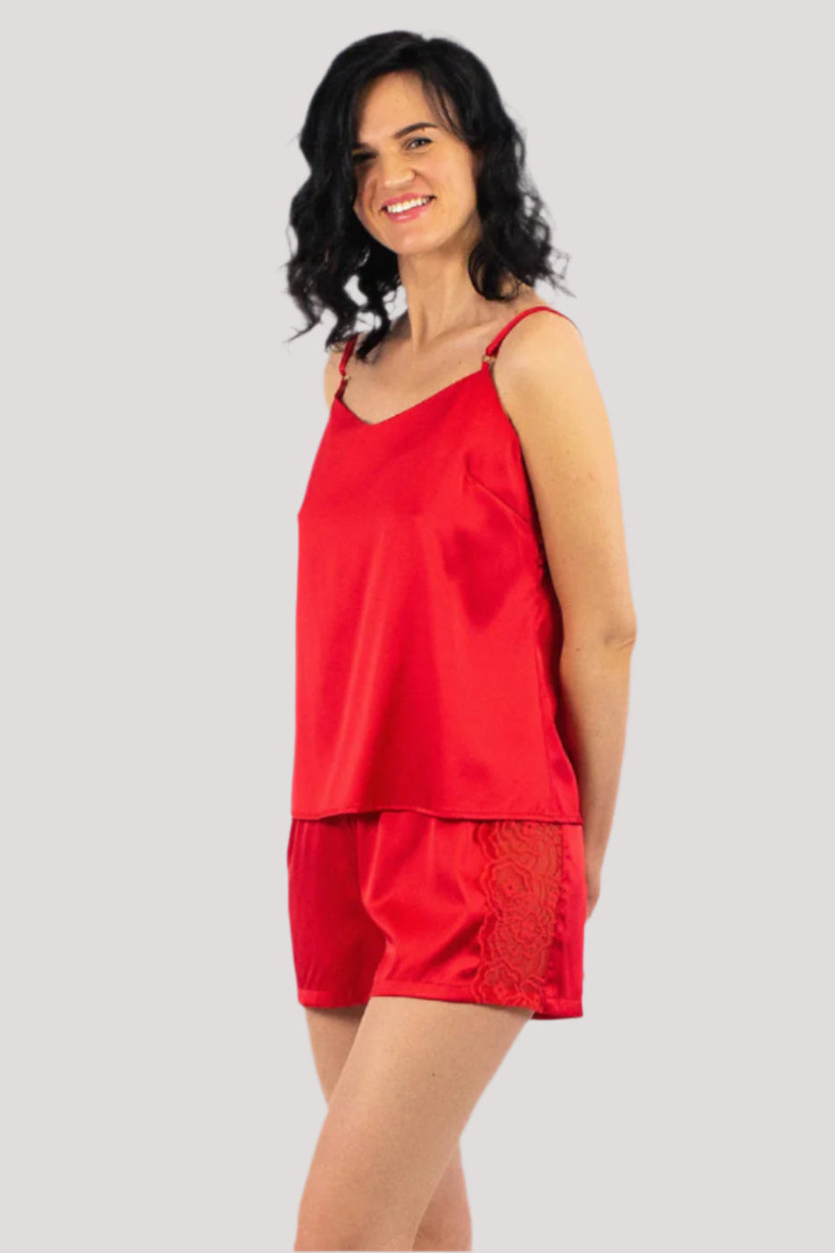 Silk Shorts and Cami top Nokaya in Red. The Good Girl Gone Bad camisole accented with floral lace.