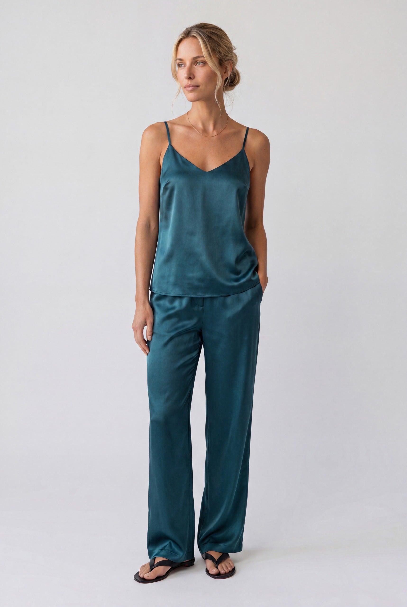 The Lady Silk Camisole and Trousers Teal Eclipse, front view