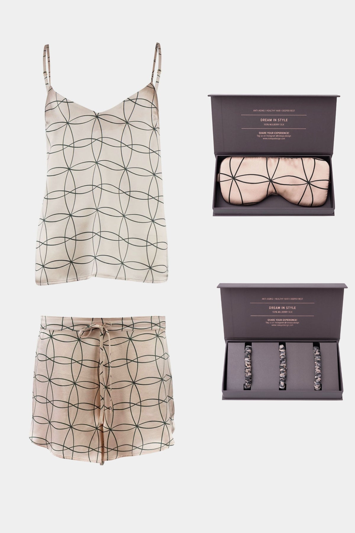 Silk Pajama set Nokaya with matching eye mask and hair ties on a white background