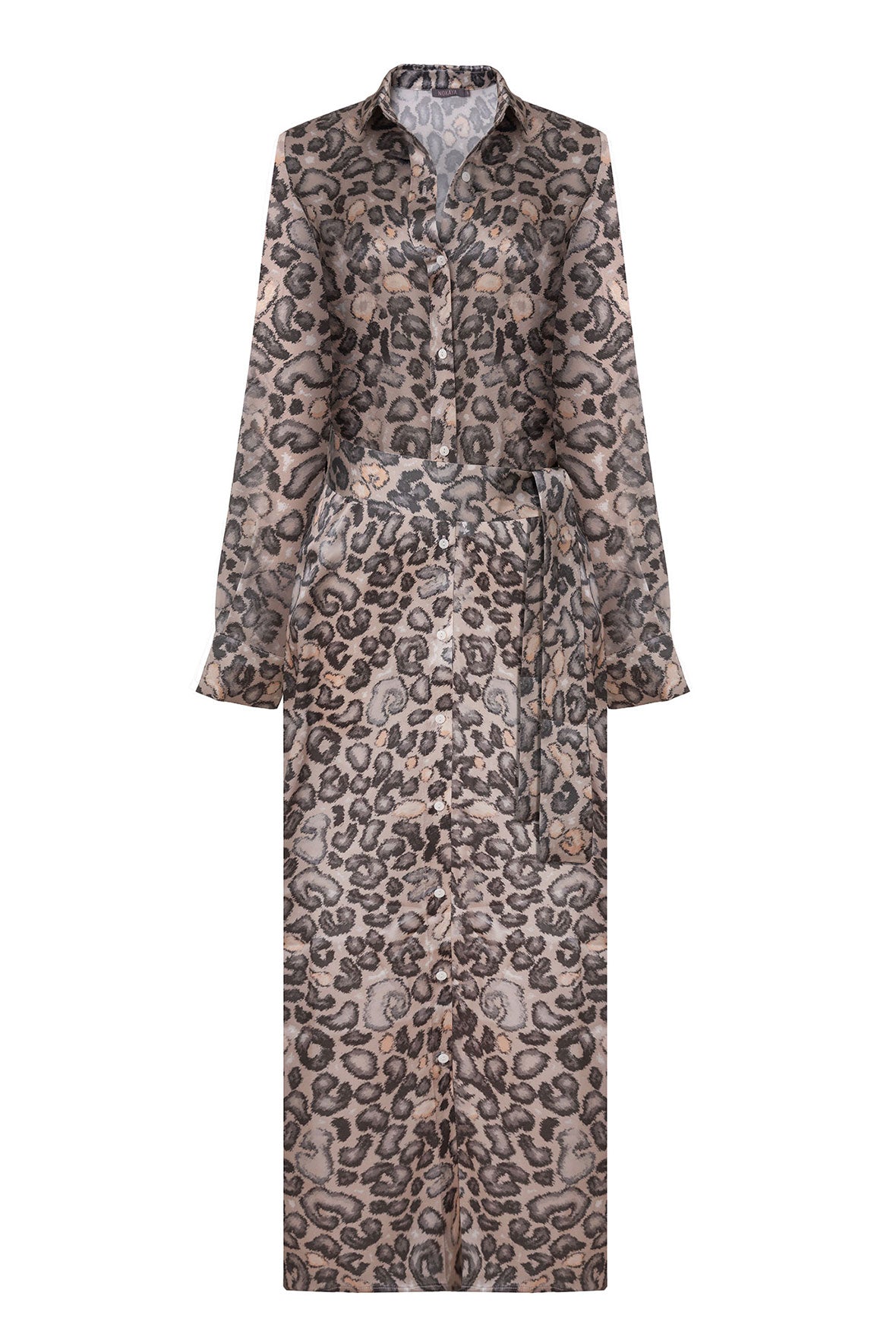 Silk Button-down Long Shirt Dress Animal Print