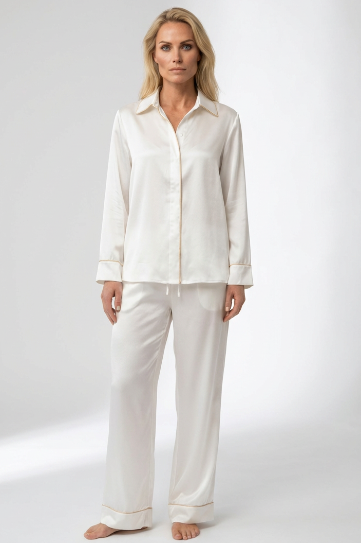 White silk pyjamas on women, reimagined by Nokaya.