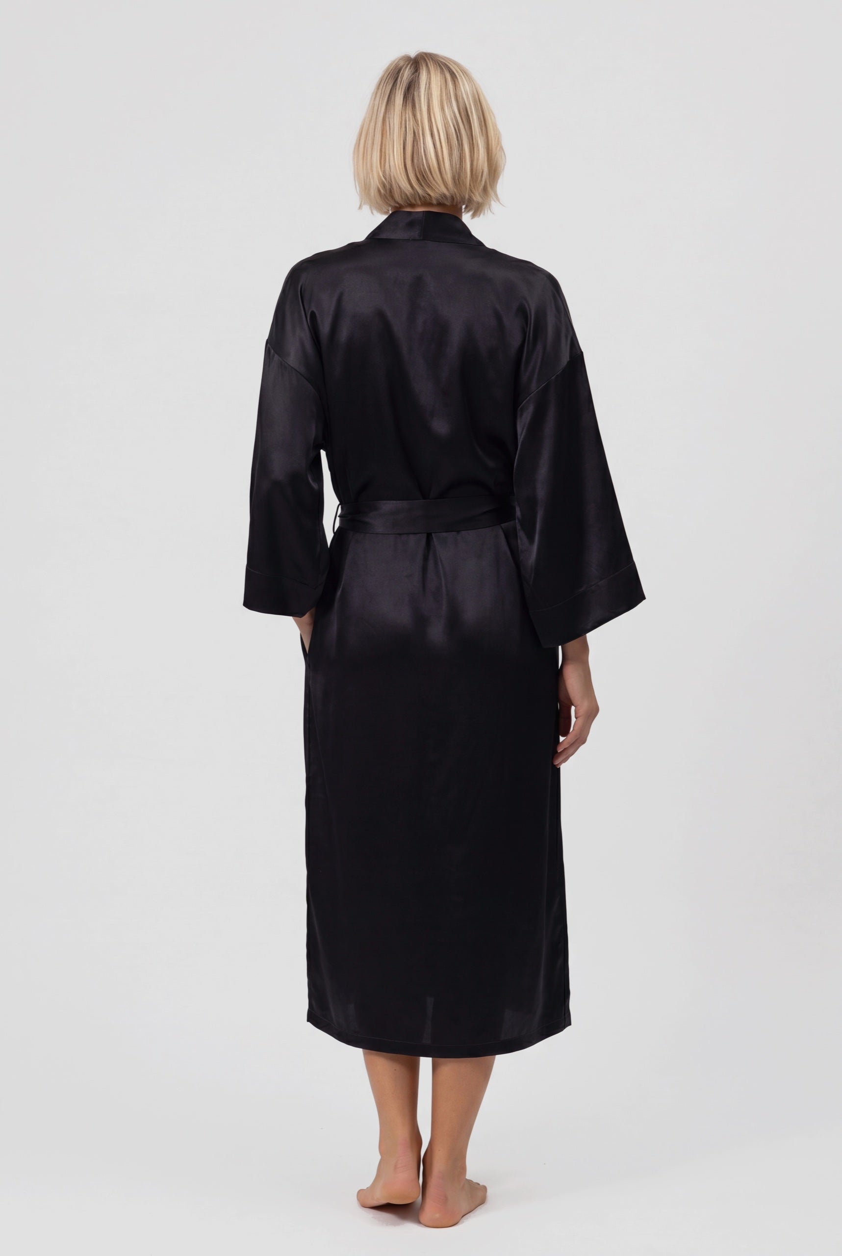 The Lady Silk Long Kimono Robe Crystal Black back view