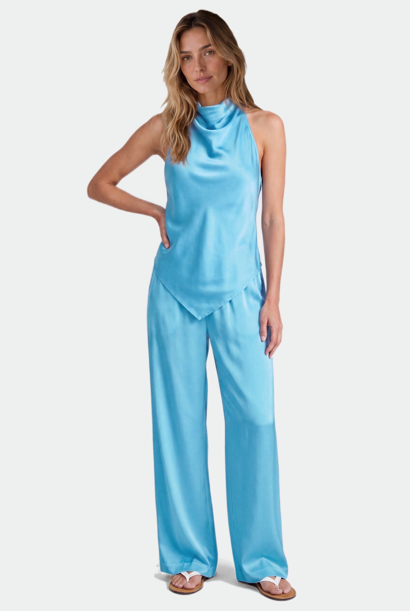 NOKAYA Blue Silk Halter Top The Lady — Blue Gleam, styled full length