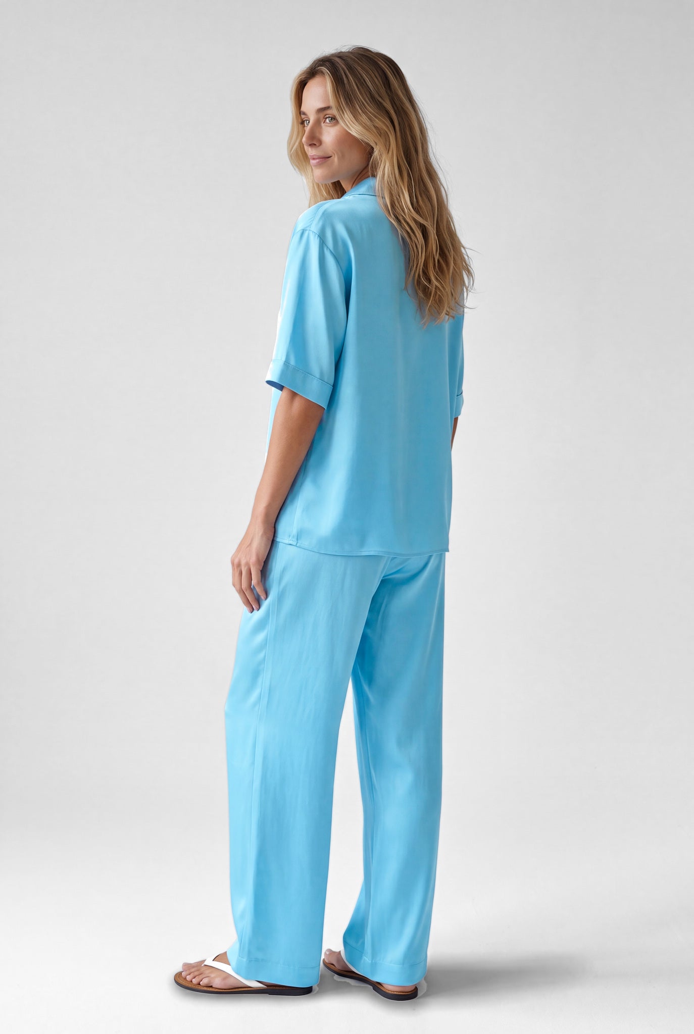 NOKAYA Blue Silk Shirt The Lady — Blue Gleam, back full length