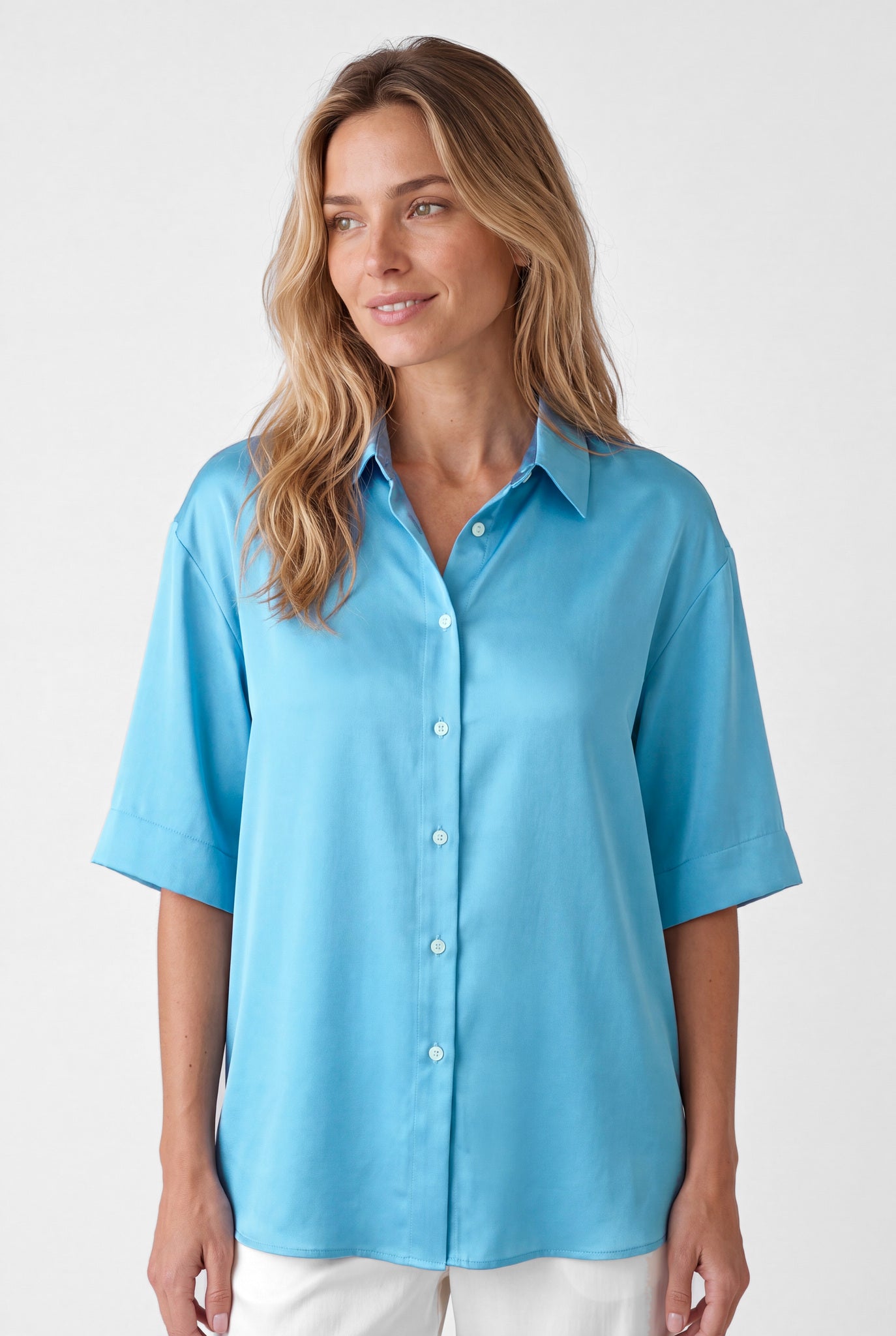 NOKAYA Blue Silk Shirt The Lady — Blue Gleam, front close-up