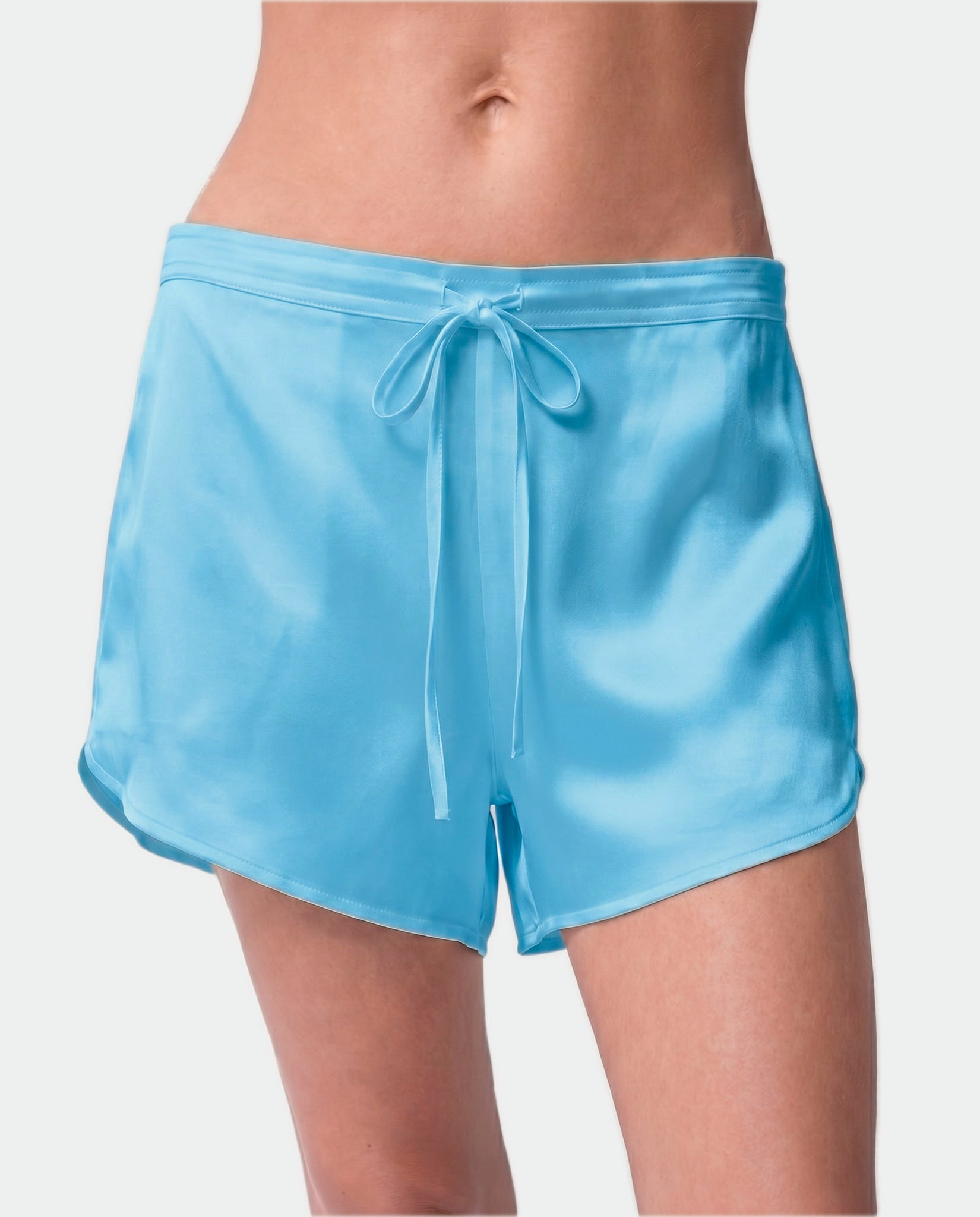 Blue Silk Shorts The Lady — silk shorts detail, drawstring bow