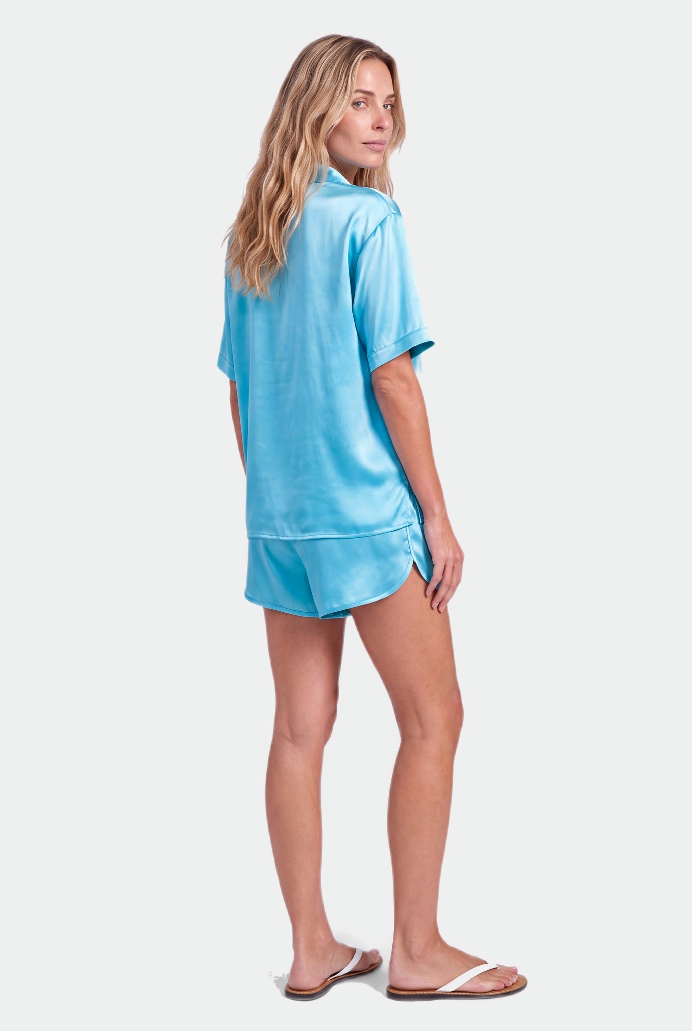 Blue Silk Shorts The Lady — worn with silk shirt, back