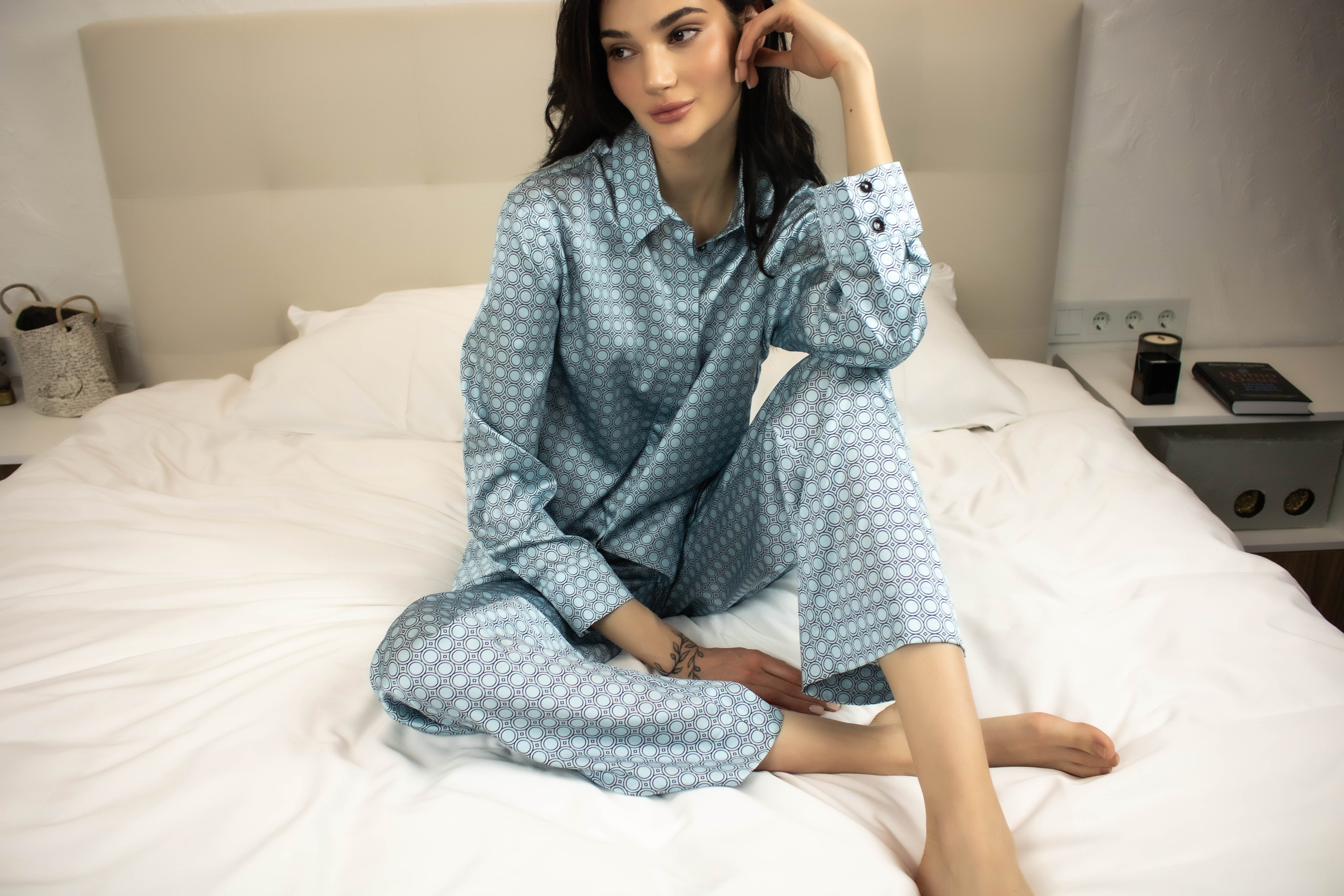 Silk pyjamas set for women with geo print on blue background
