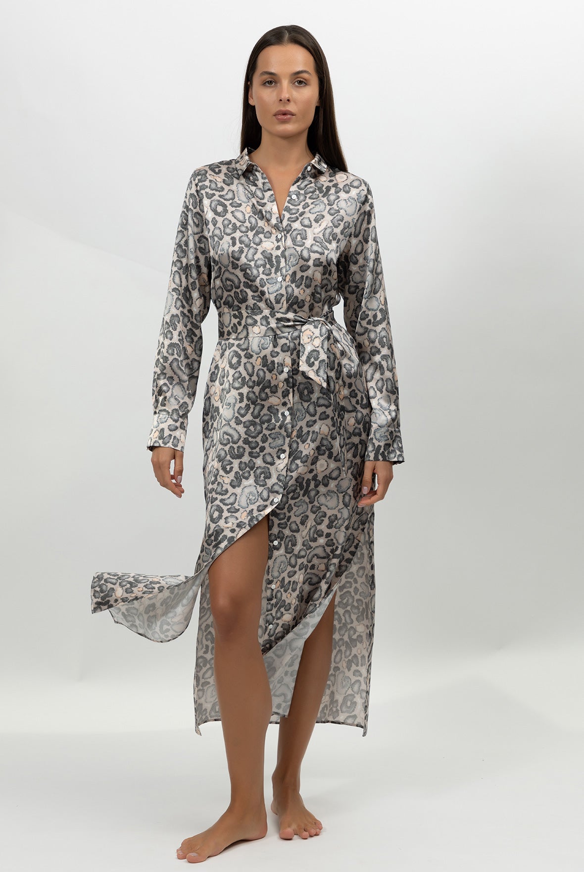 Silk Button-down Long Shirt Dress Animal Print