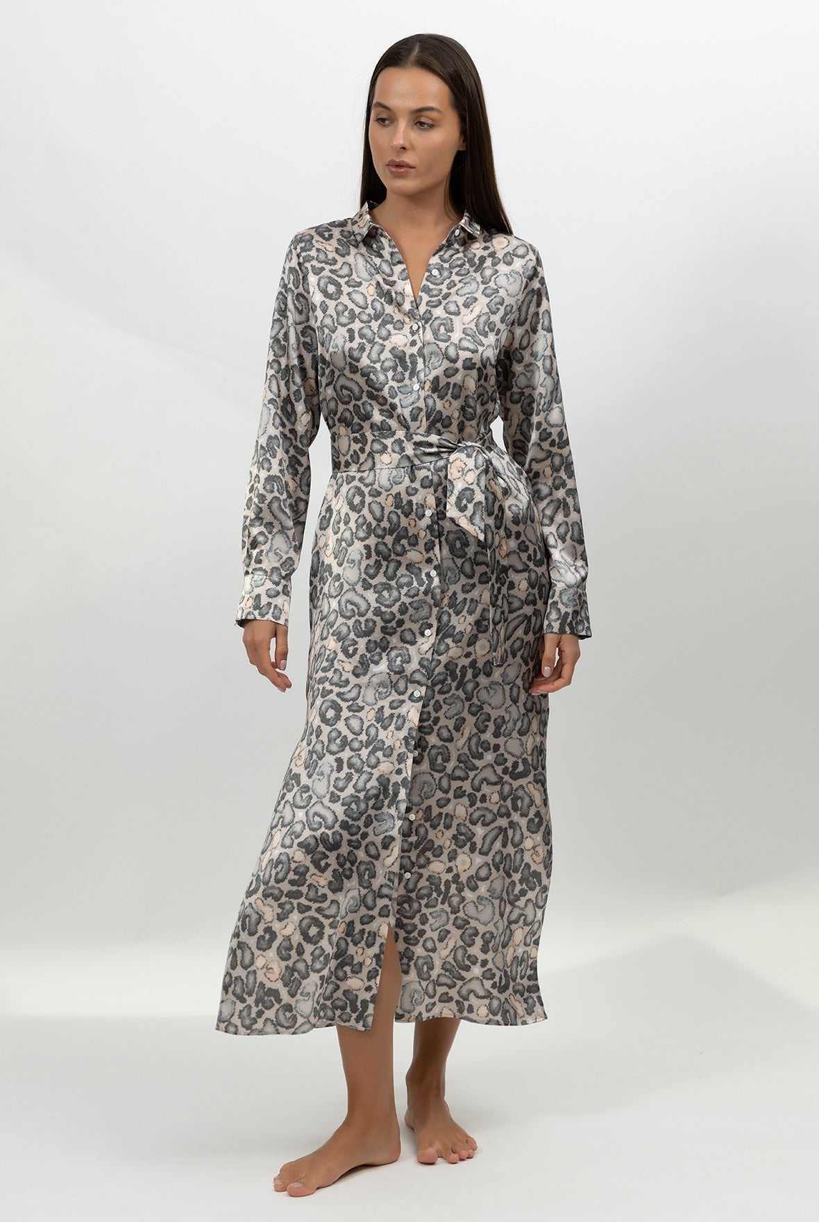 Silk Button-down Long Shirt Dress Animal Print