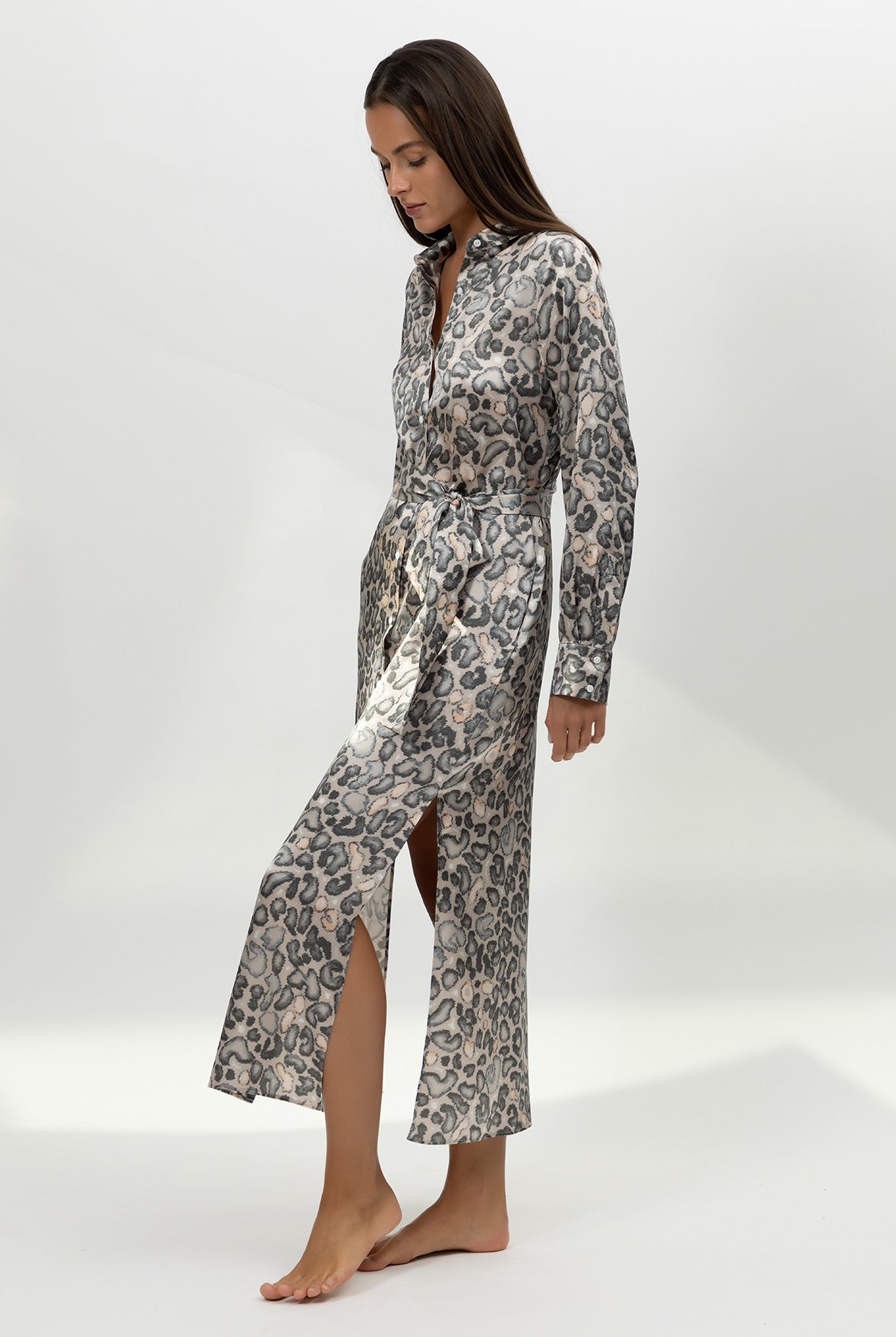 Silk Button-down Long Shirt Dress Animal Print