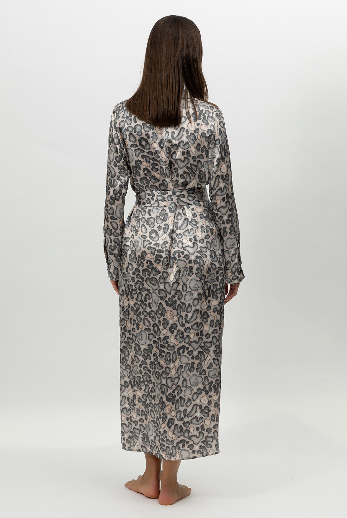 Silk Button-down Long Shirt Dress Animal Print