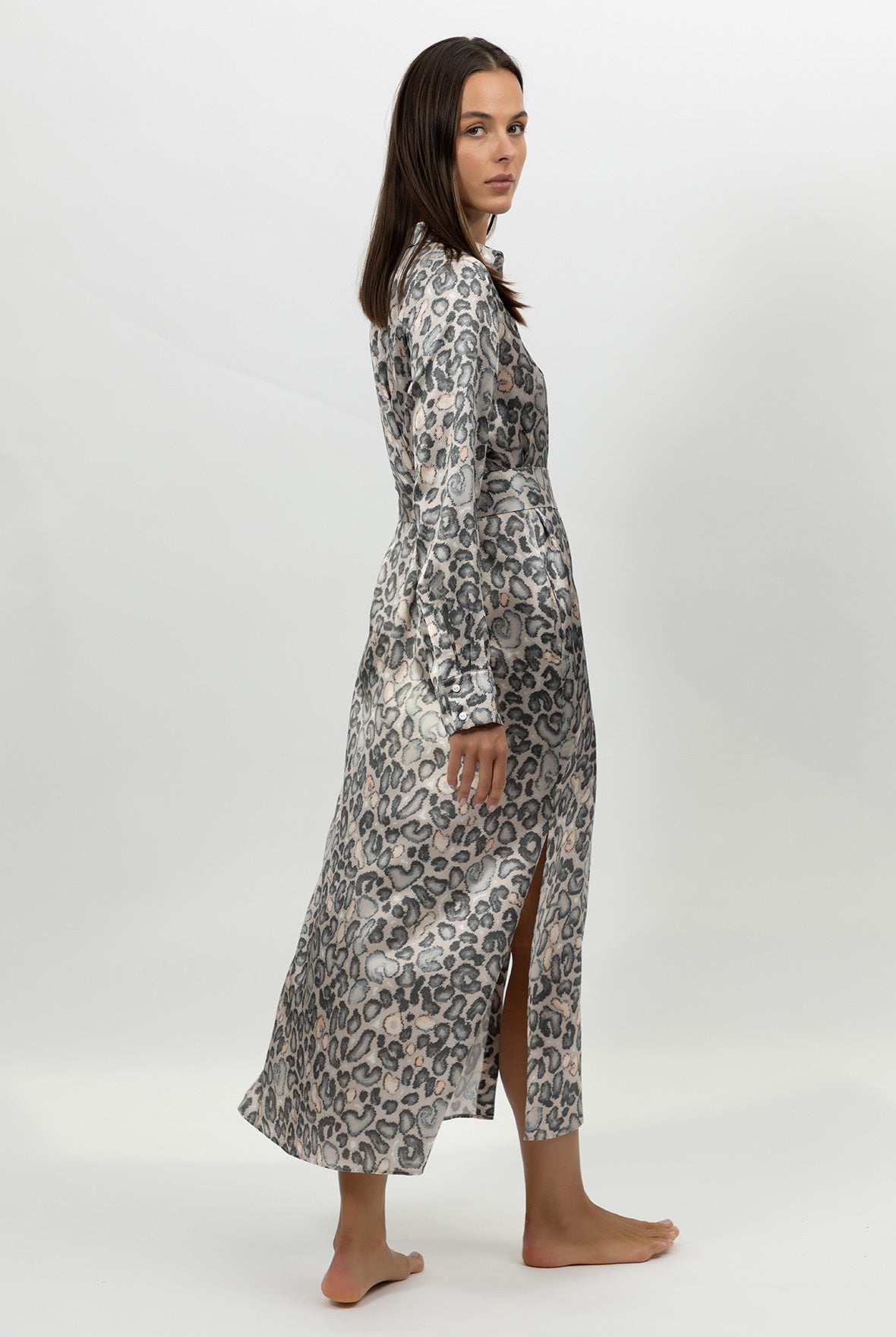 Silk Button-down Long Shirt Dress Animal Print