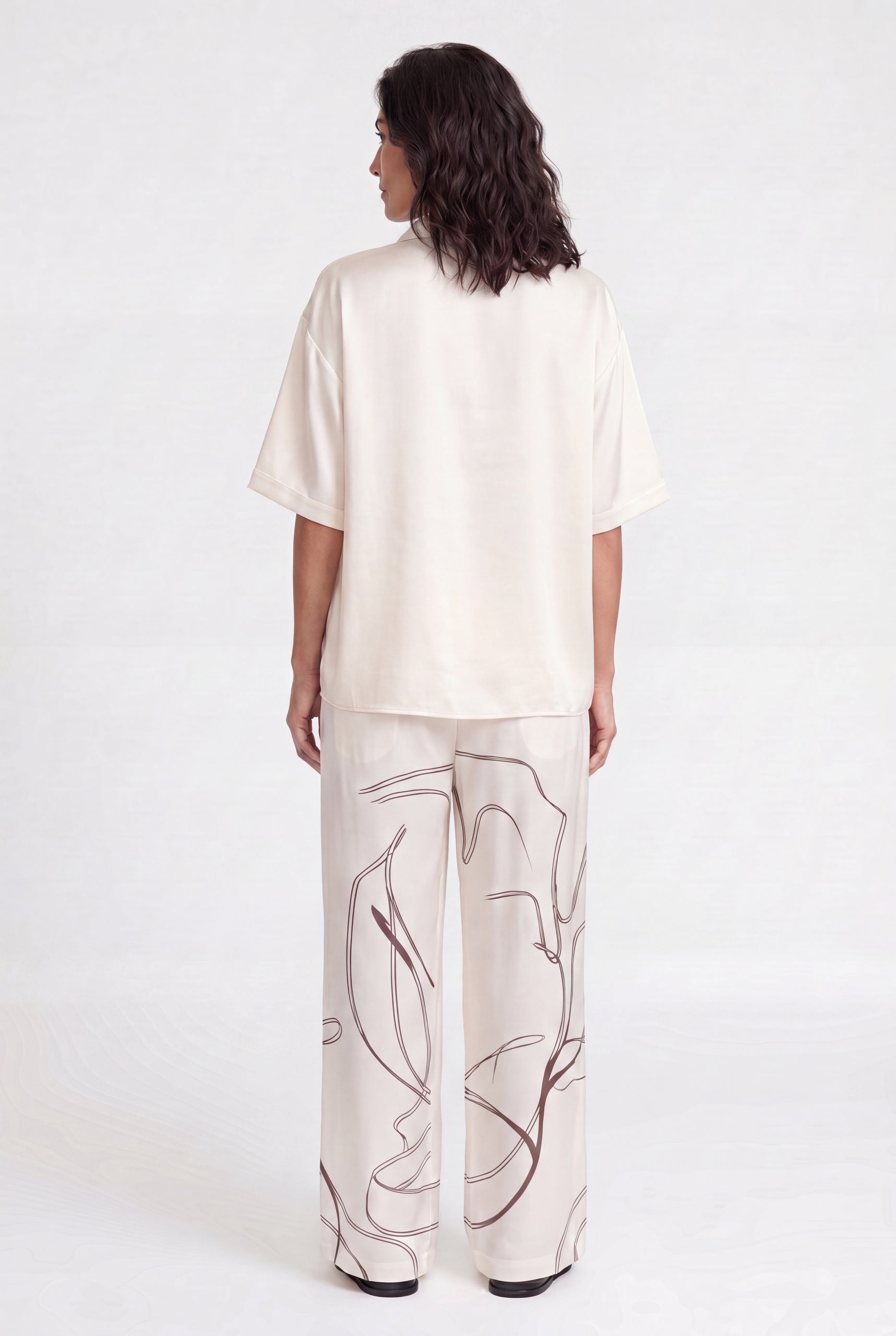 Silk trousers, ivory Earth Sketch with print, back