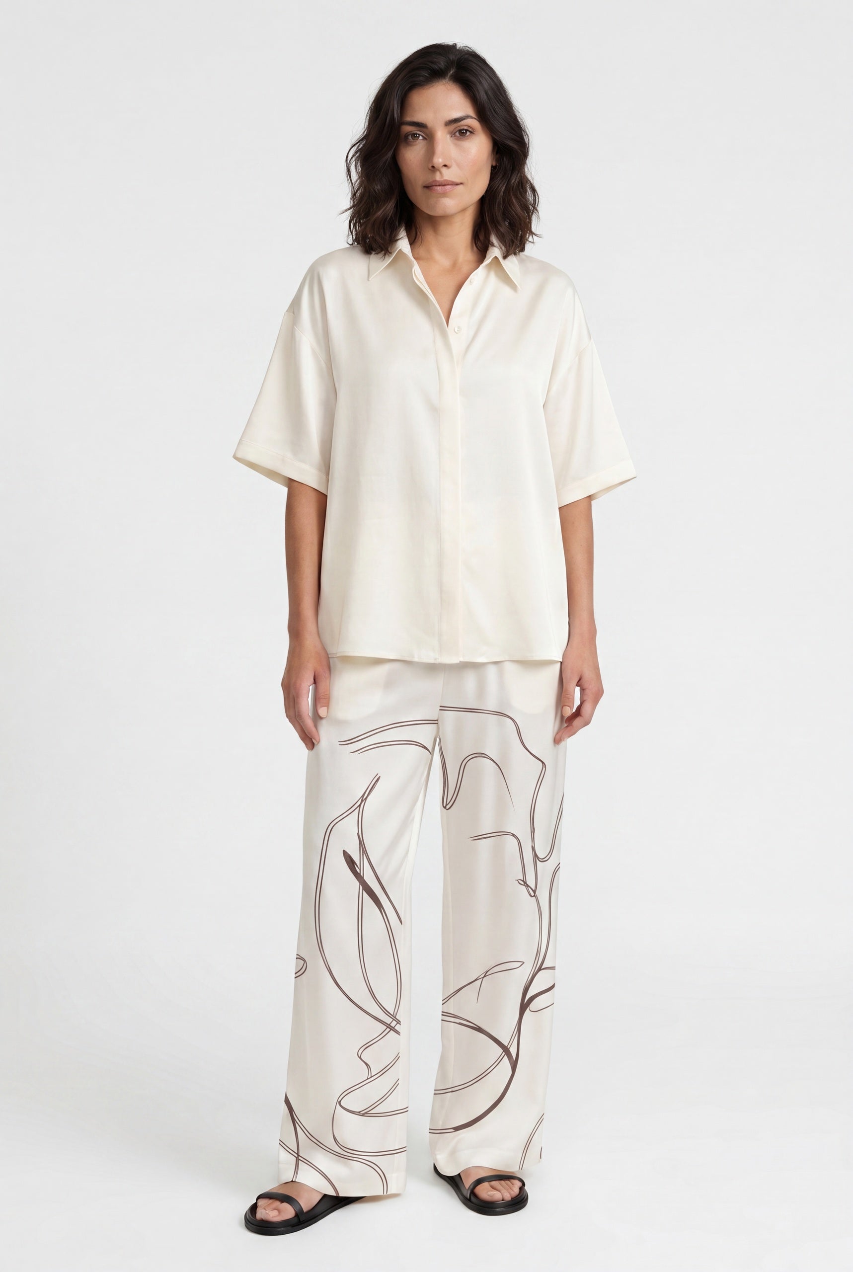 Silk shirt, ivory Earth Sketch co-ord with trousers, front