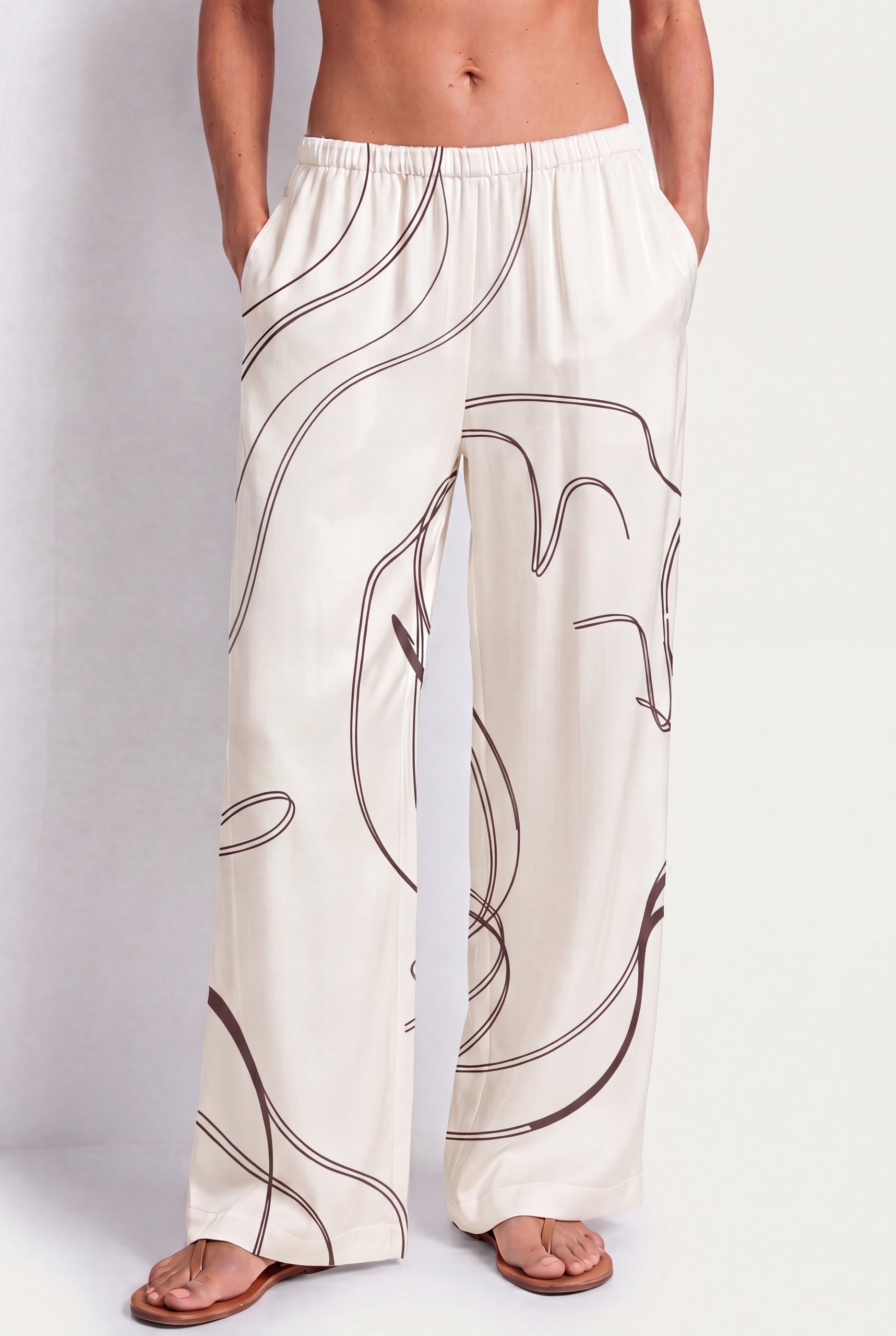 Silk trousers, ivory Earth Sketch with hand-drawn line print, front