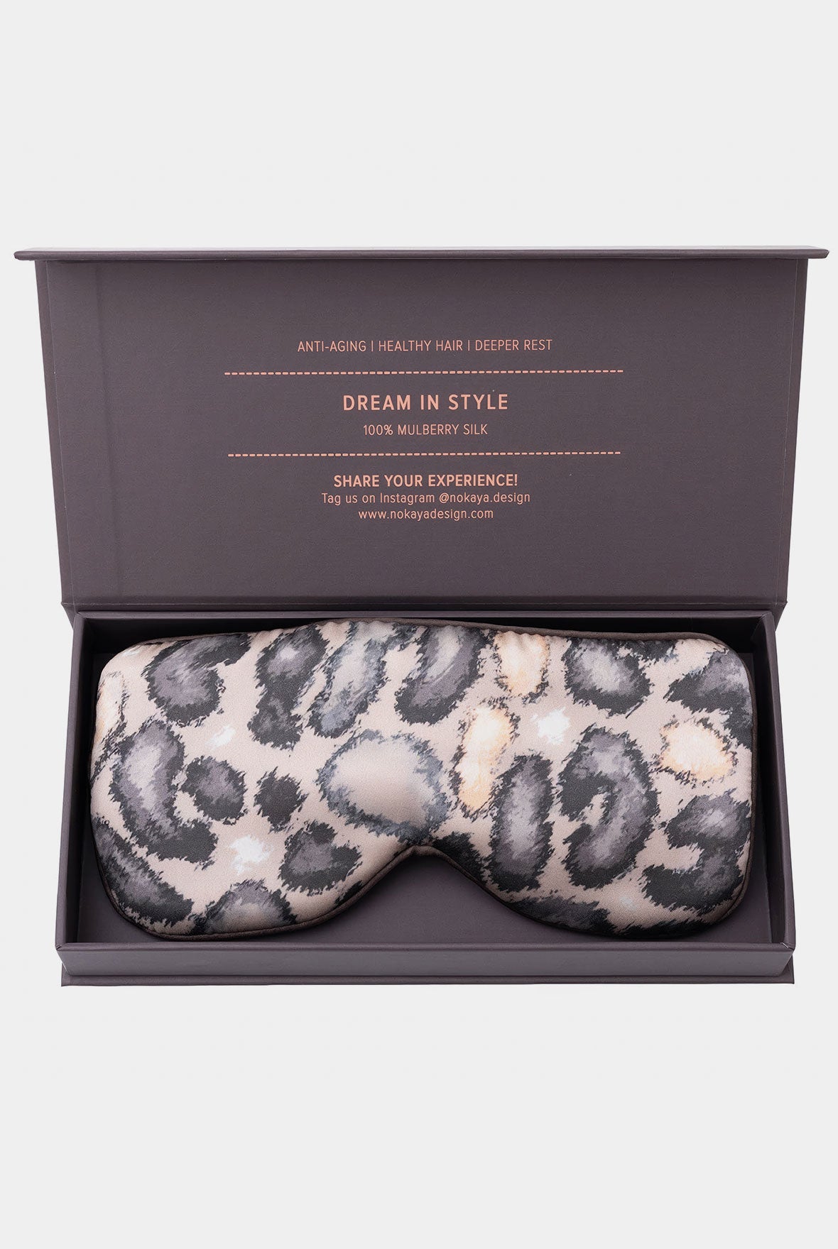 Silk Sleep Mask Snow Leopard in opened box. Nokaya