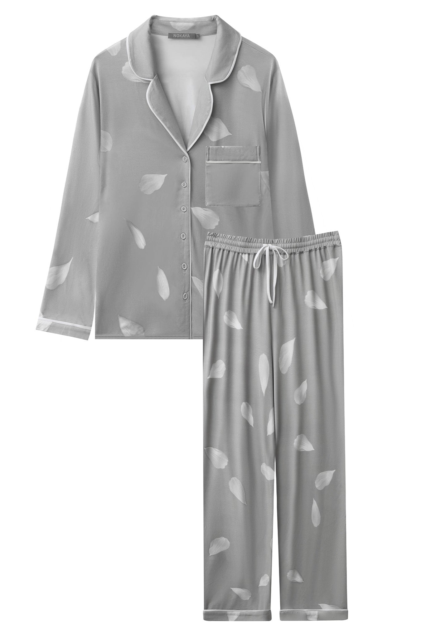 Grey bamboo pyjama Nokaya set with leaf pattern on a white background