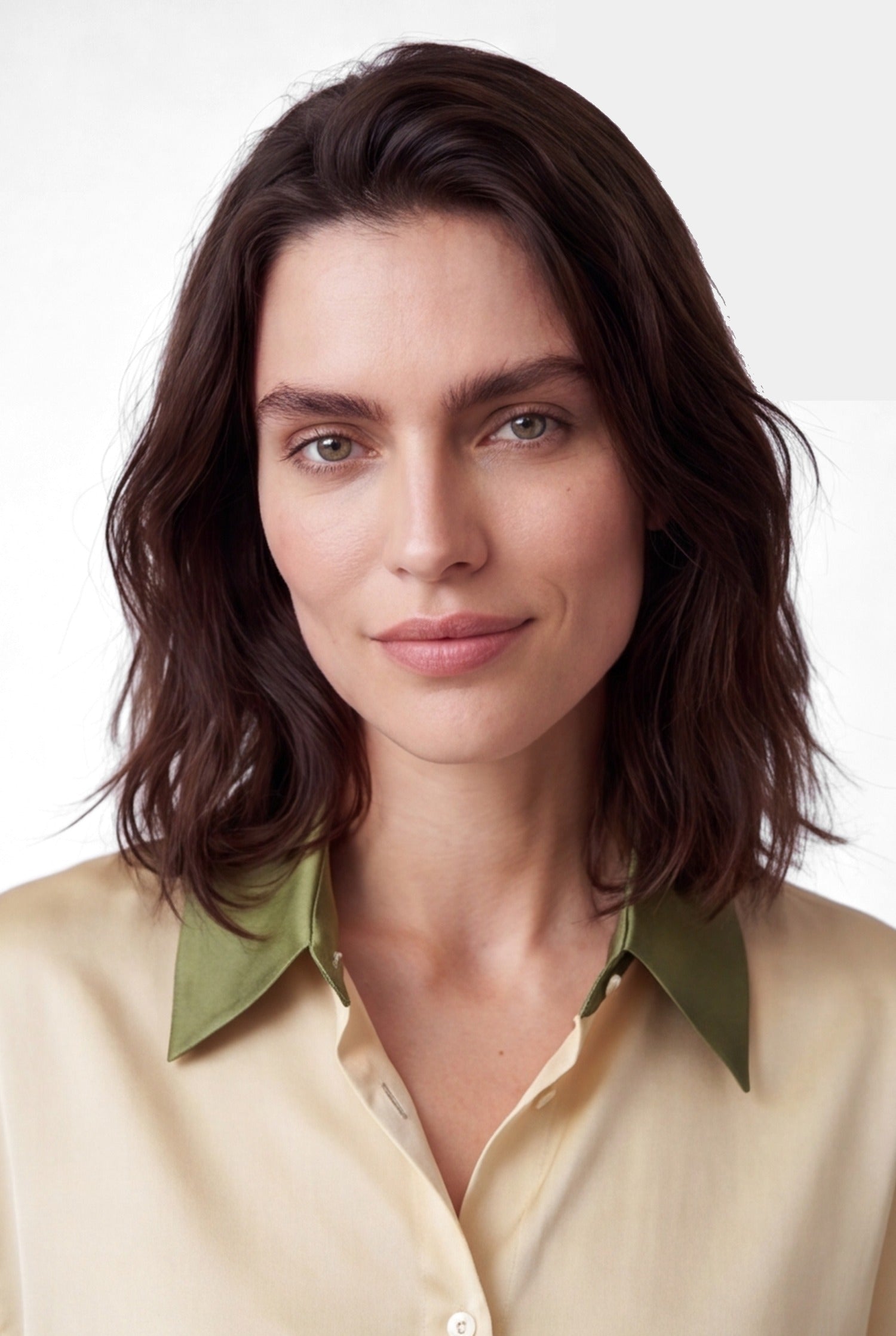 NOKAYA FlowState silk shirt, collar and silk sheen close portrait