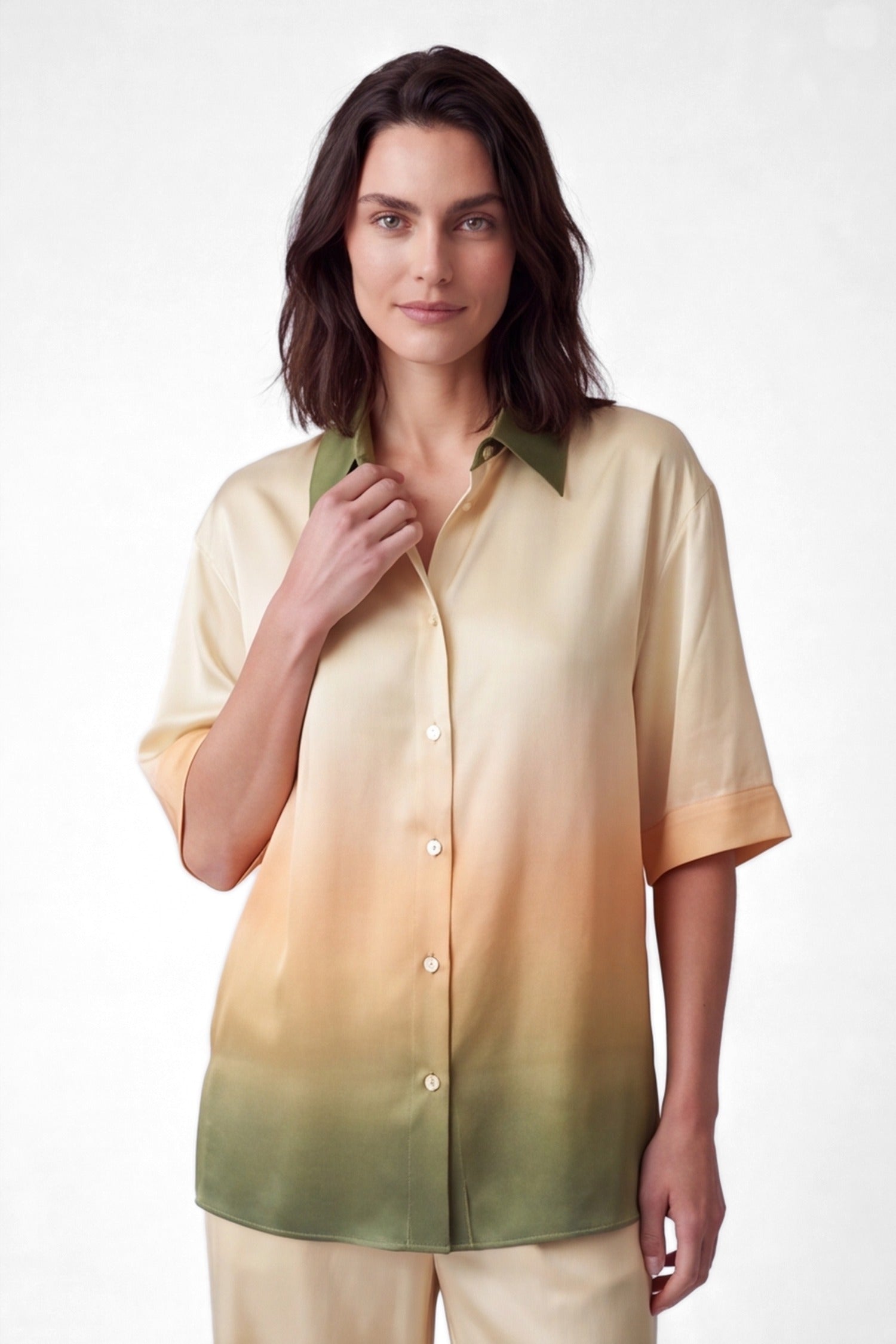 NOKAYA FlowState silk shirt, whole shirt in frame, hand at collar