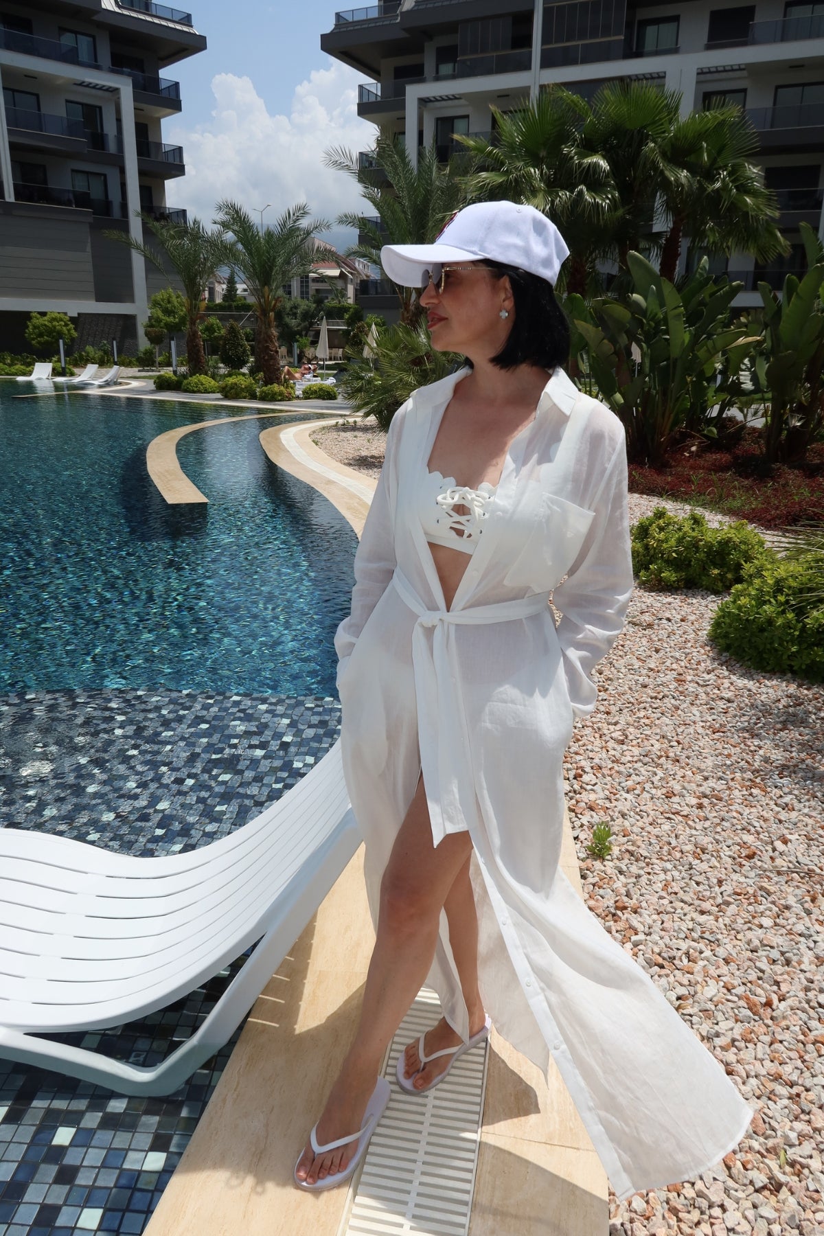 White Linen Voile Button-Down Long Shirt Dress