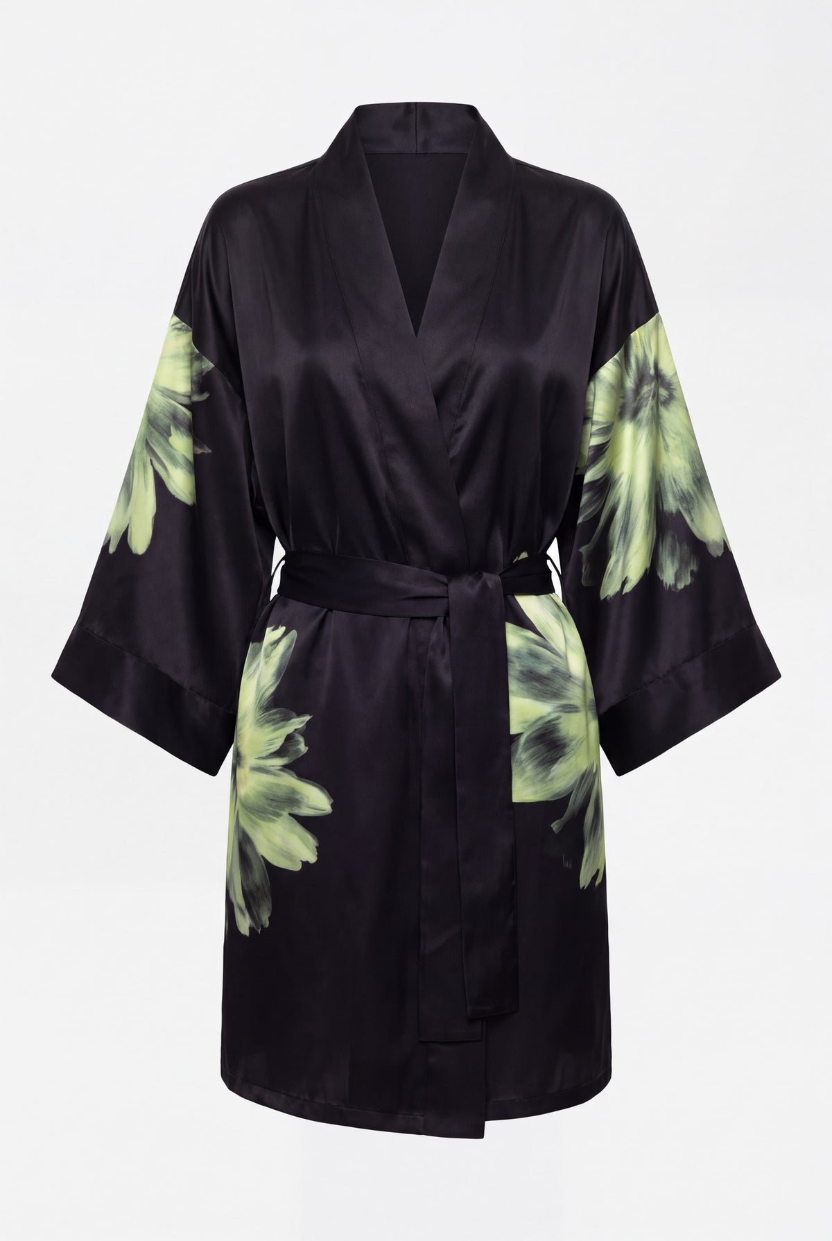 Silk Dreamscape Short Kimono Robe Black Flower