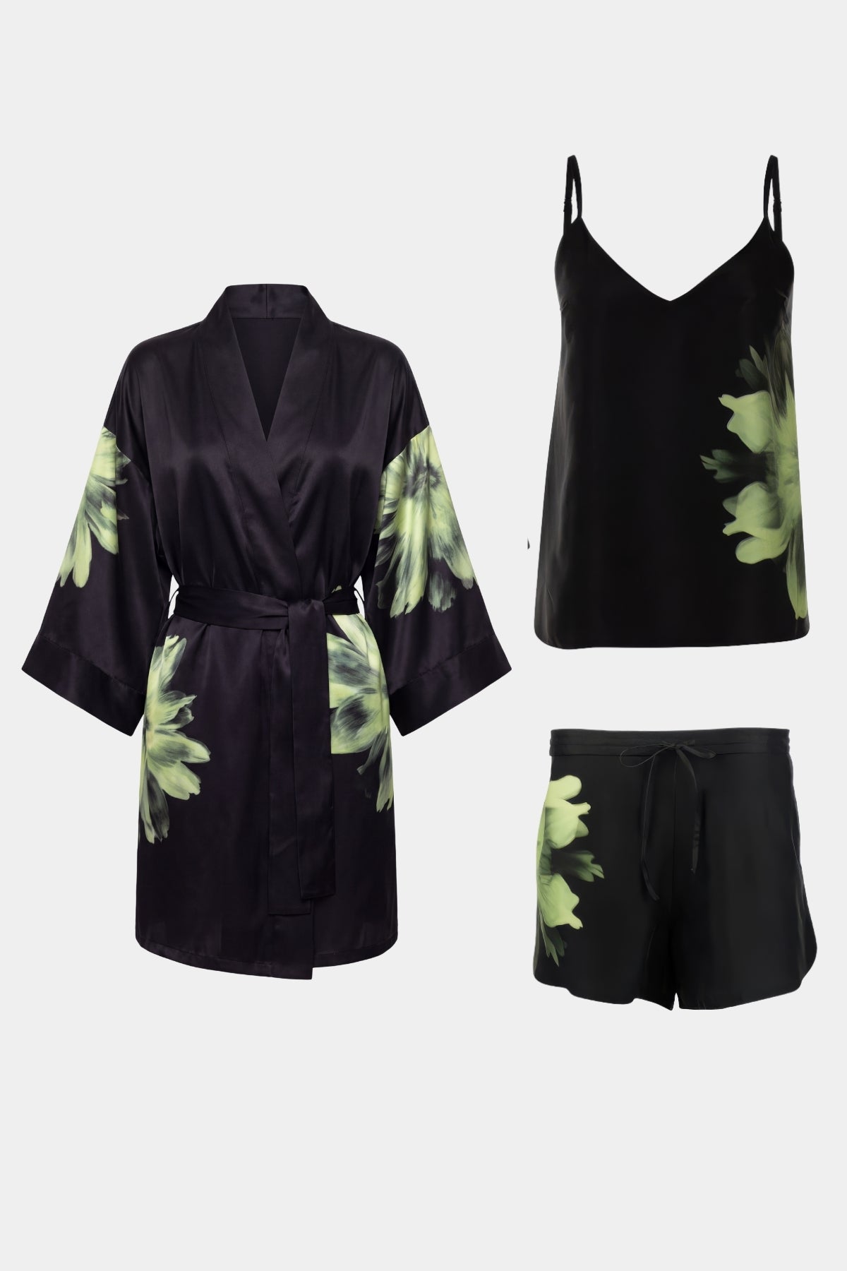 Silk Dreamscape Loungewear Set in Black Flower: short kimono robe, camisole and shorts