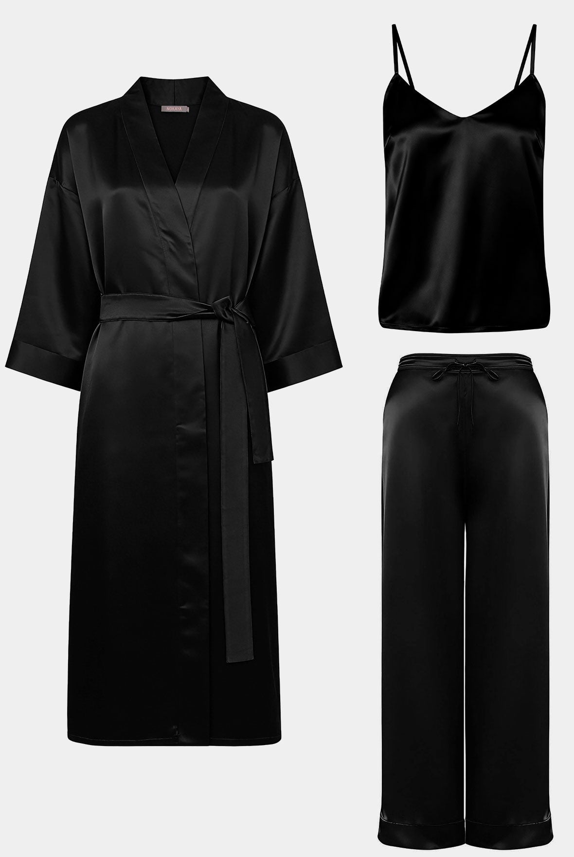 Black silk bundle for women. Kimono robe paired with cami and pants.