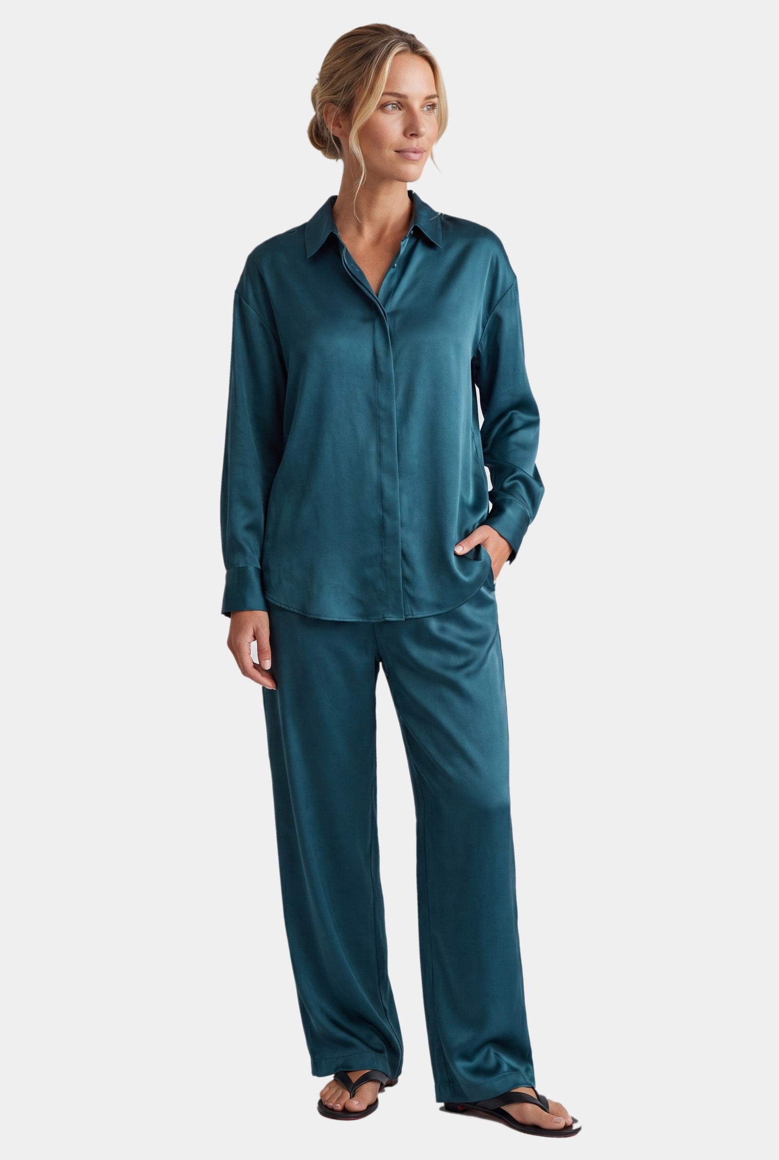 The Lady Silk Shirt Teal Eclipse - front