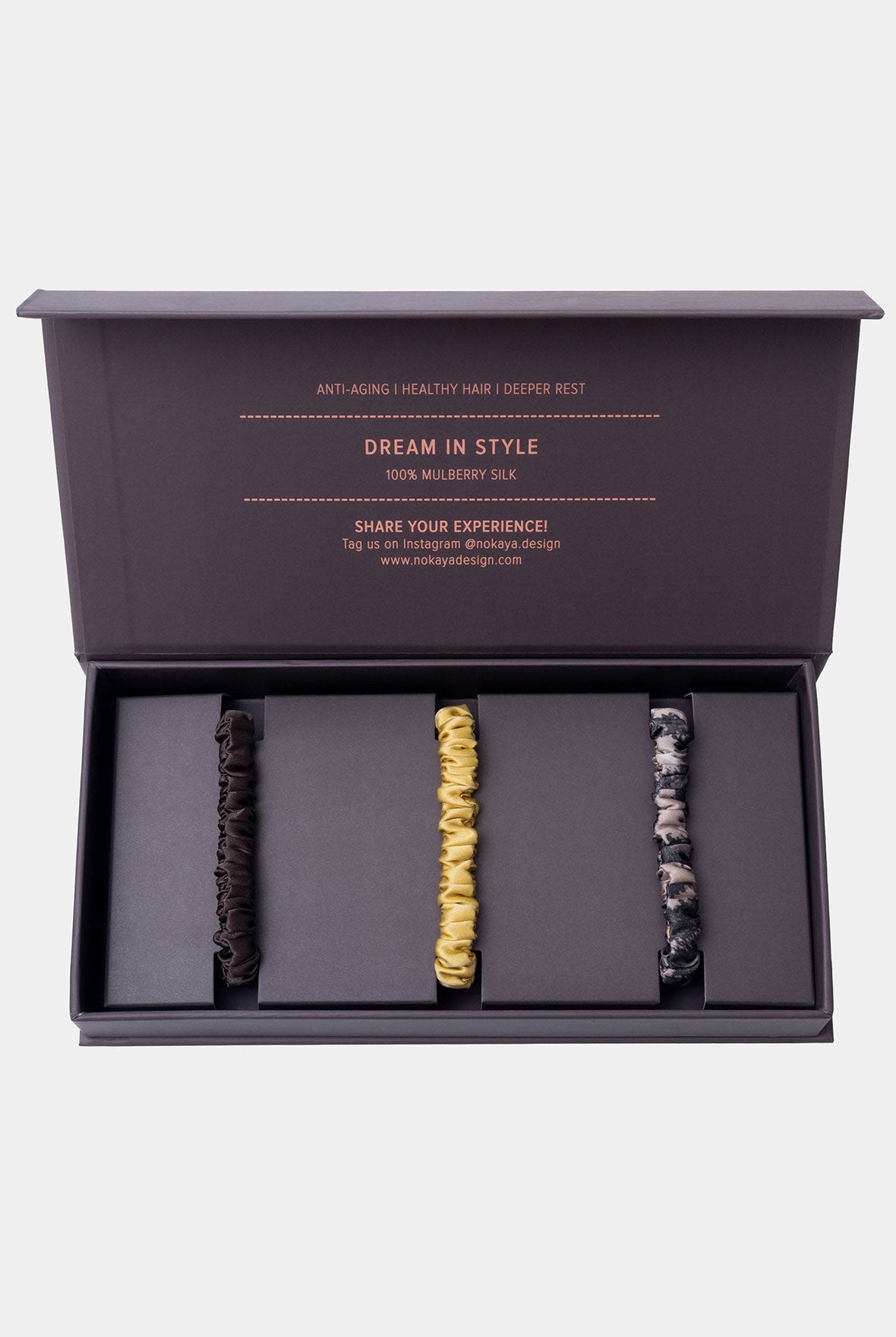 Skinny Silk Scrunchie Set Brown/PannaCotta/Animal in the gift box. Nokaya