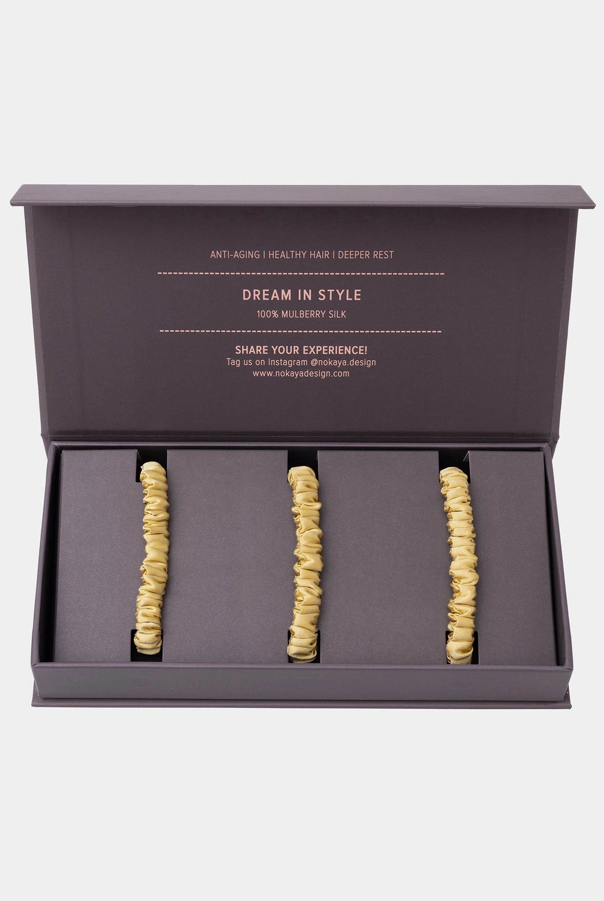 Yellow scrunchie trio in luxurious gift box Nokaya.