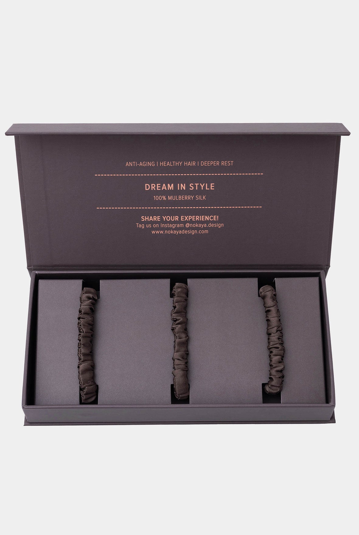 Silk Scrunchie Set 3 Future Brown Nokaya in the gift box.