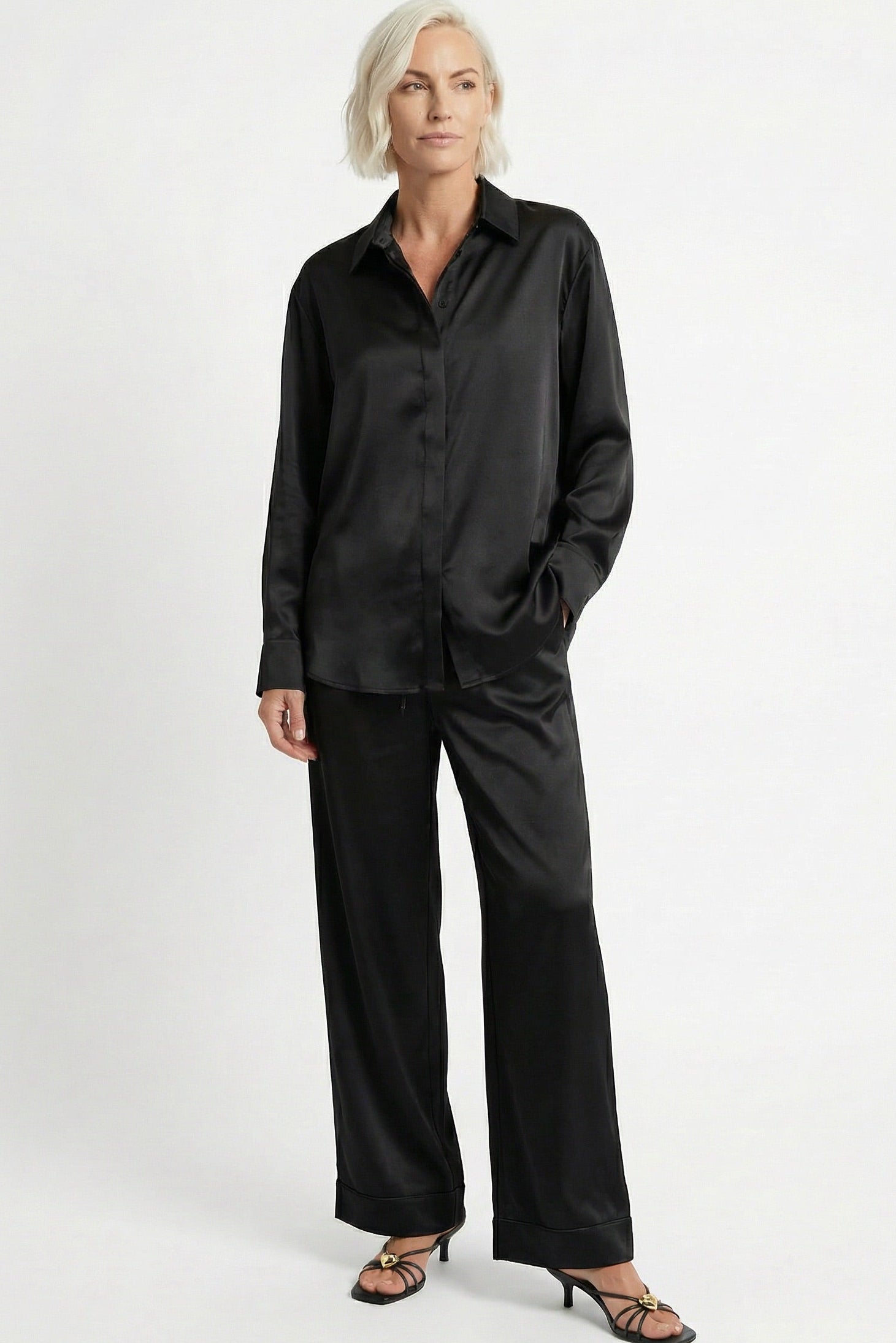 black silk shirt and pants Nokaya on a white background