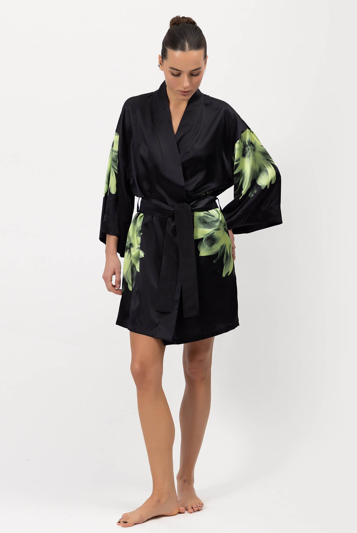 short silk kimono dressing gown Elegant Orchids Silk Kimono Robe  Short, Black