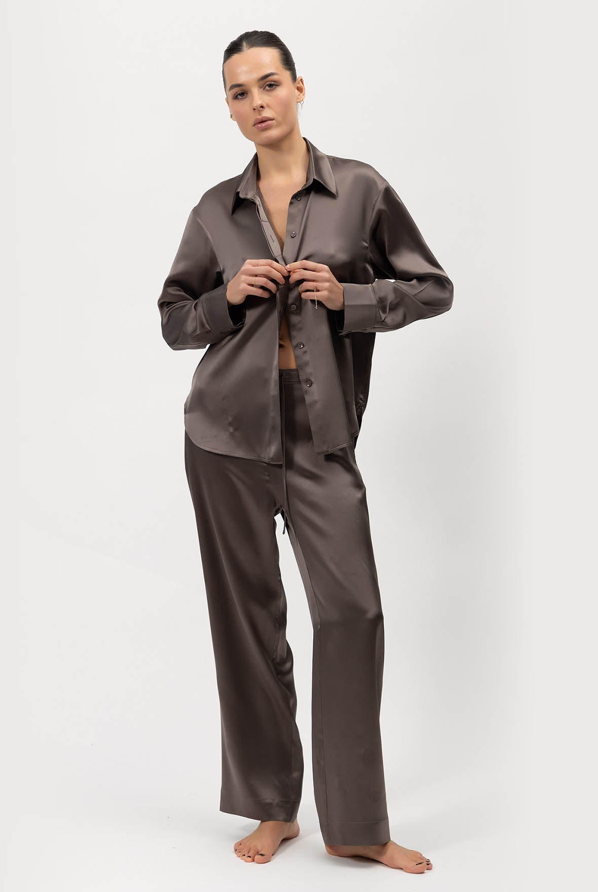 Silk brown satin pyjamas Nokaya on a white background