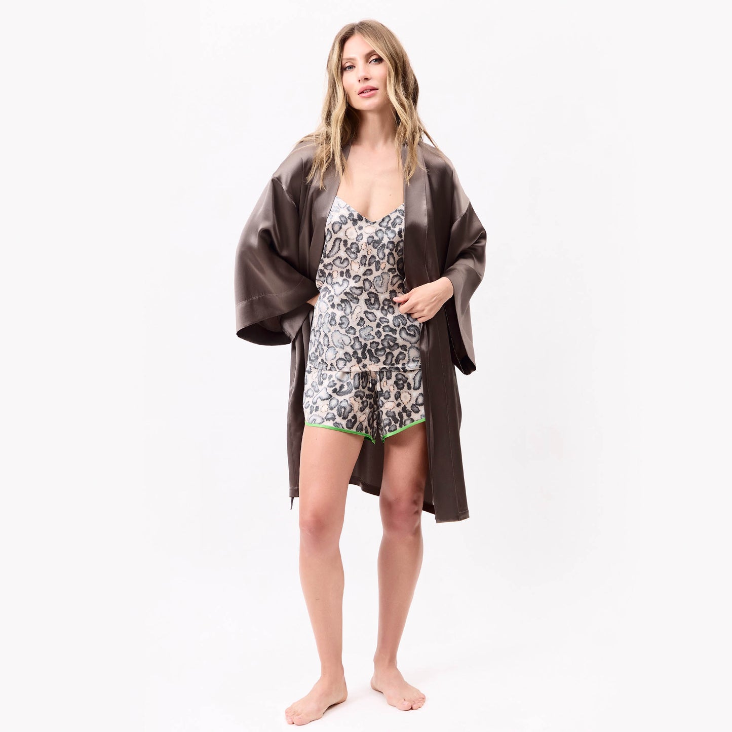 Silk pyjamas set with animal print styled with short kimono robe by Nokaya
