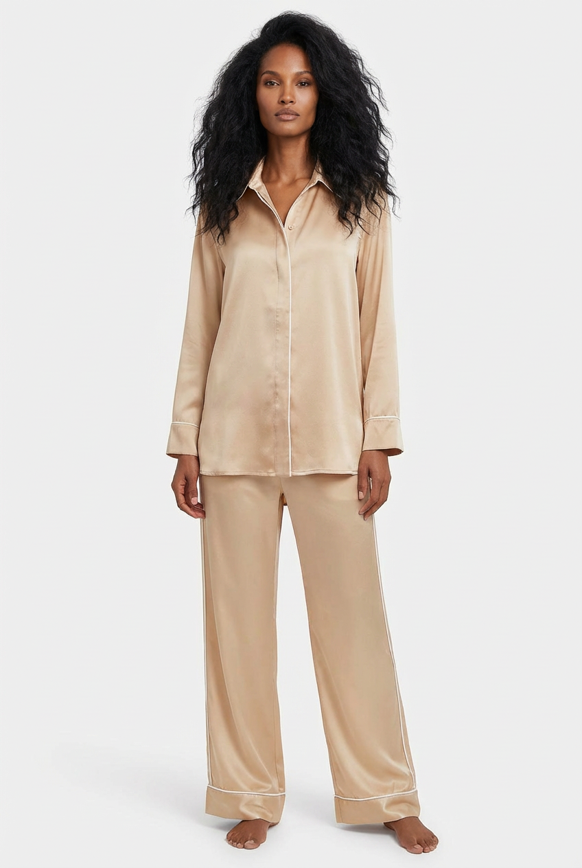 silk pyjamas in caramel colour on a women with white piping. Nokaya