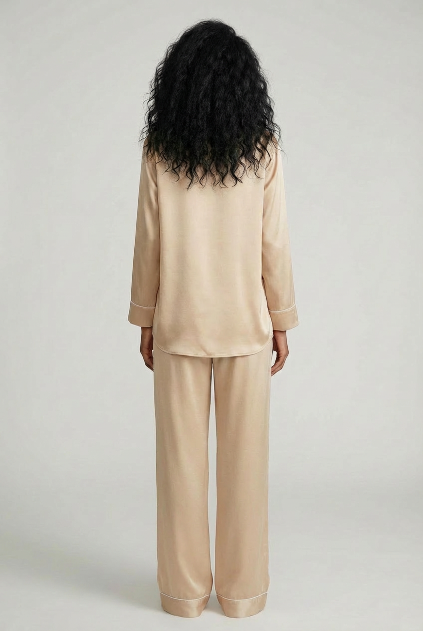 silk pyjamas in nude colour Nokaya. Back view.