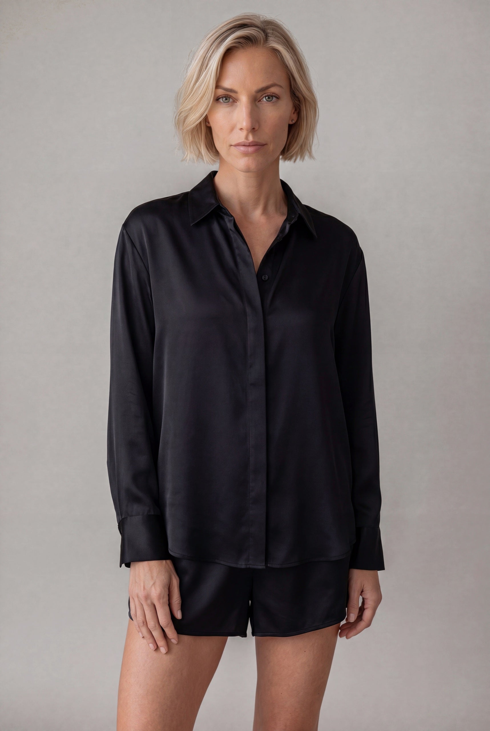 The Lady Silk Crystal Black shirt and shorts front