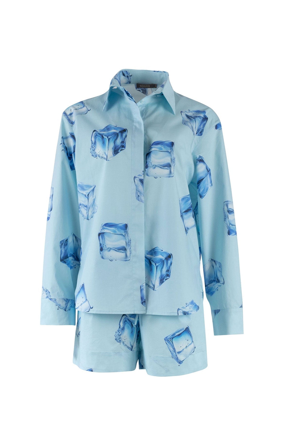 Packshot of blue cotton short and shirt in ice cube print.