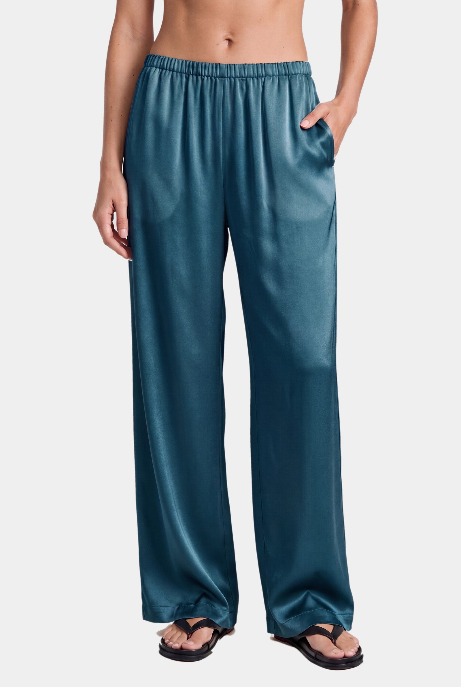 The Lady Silk Trousers Teal Eclipse - on body