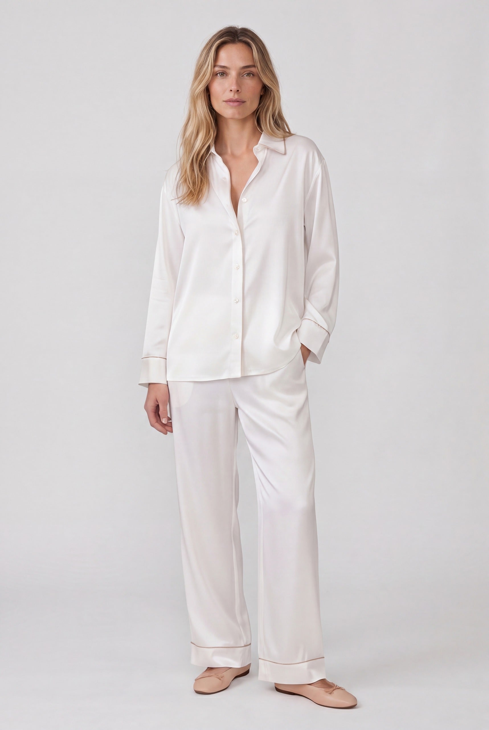 Ivory silk pyjama set by NOKAYA, full-length front with caramel piping