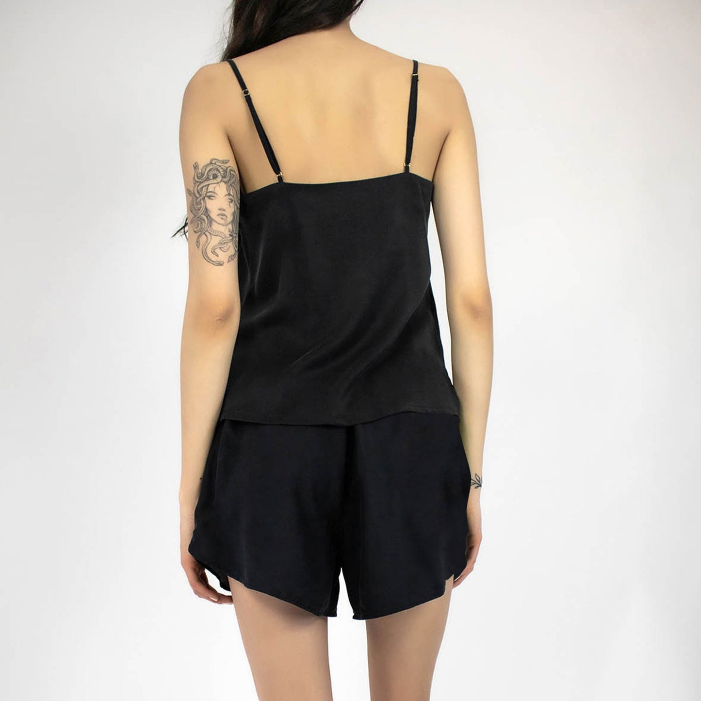 Silk Dreamscape Shorts. All garments are cold-washed. Look from the back. 