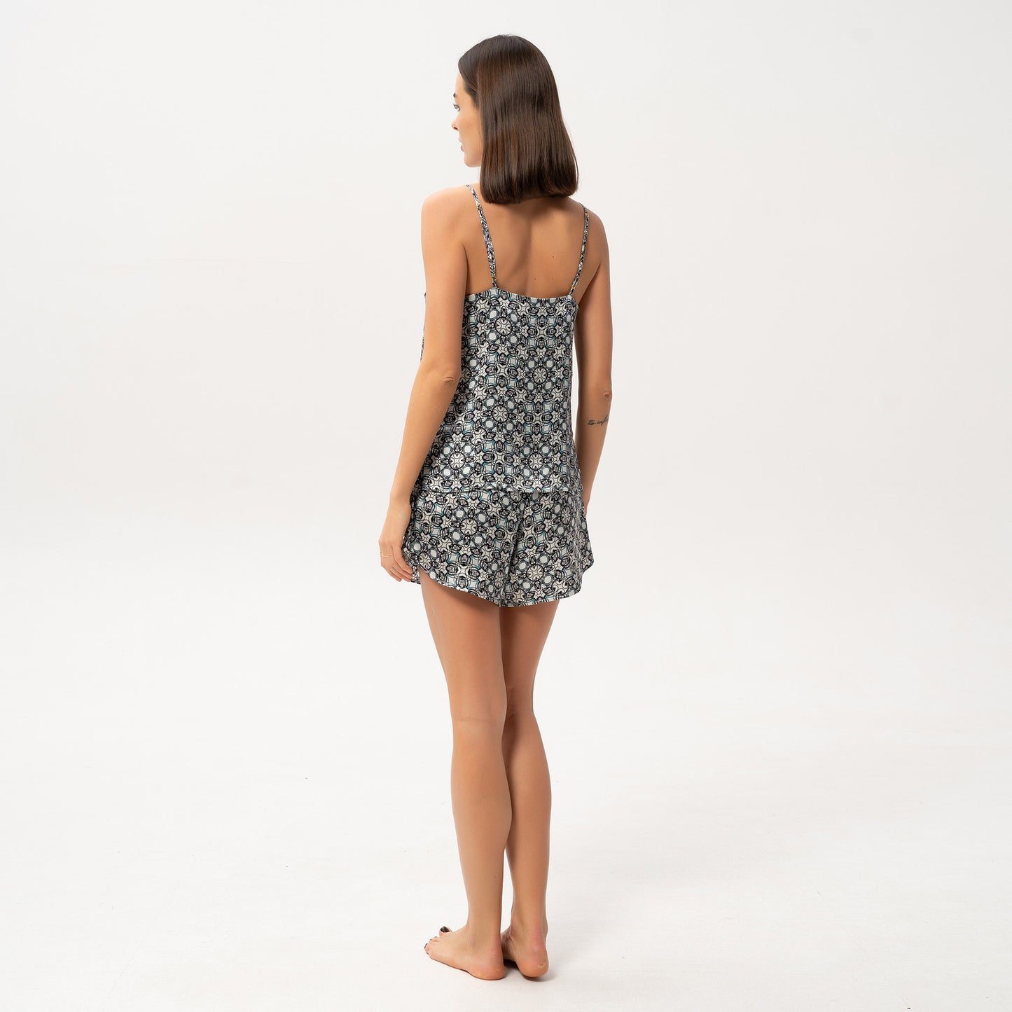 Silk Shorts and camisole in Black Crystal Neo Geo print - back view showcasing delicate details and smooth silk texture.