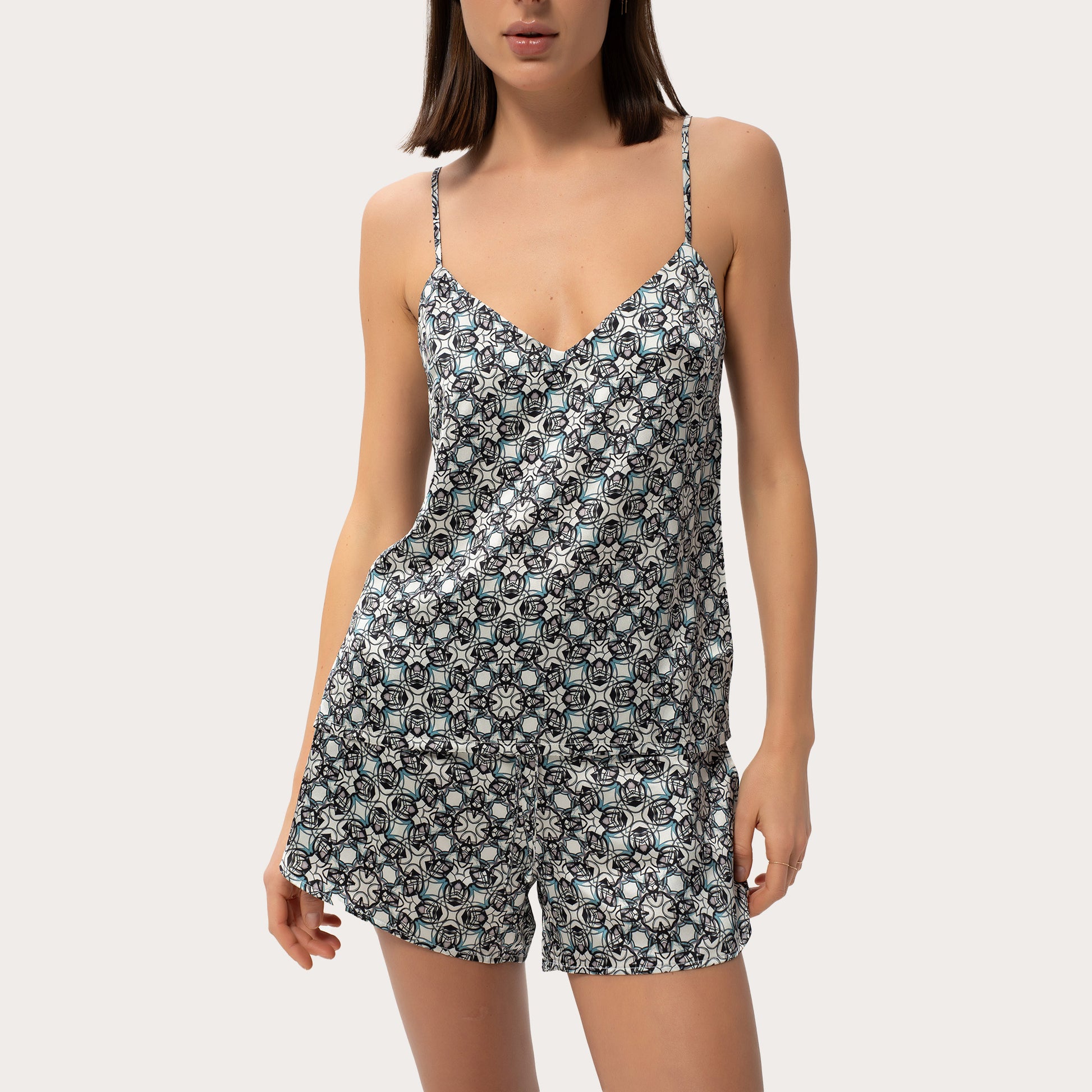 Silk Camisole and Shorts in Black Crystal Neo Geo print - front view with V-neck camisole and tailored silk shorts.